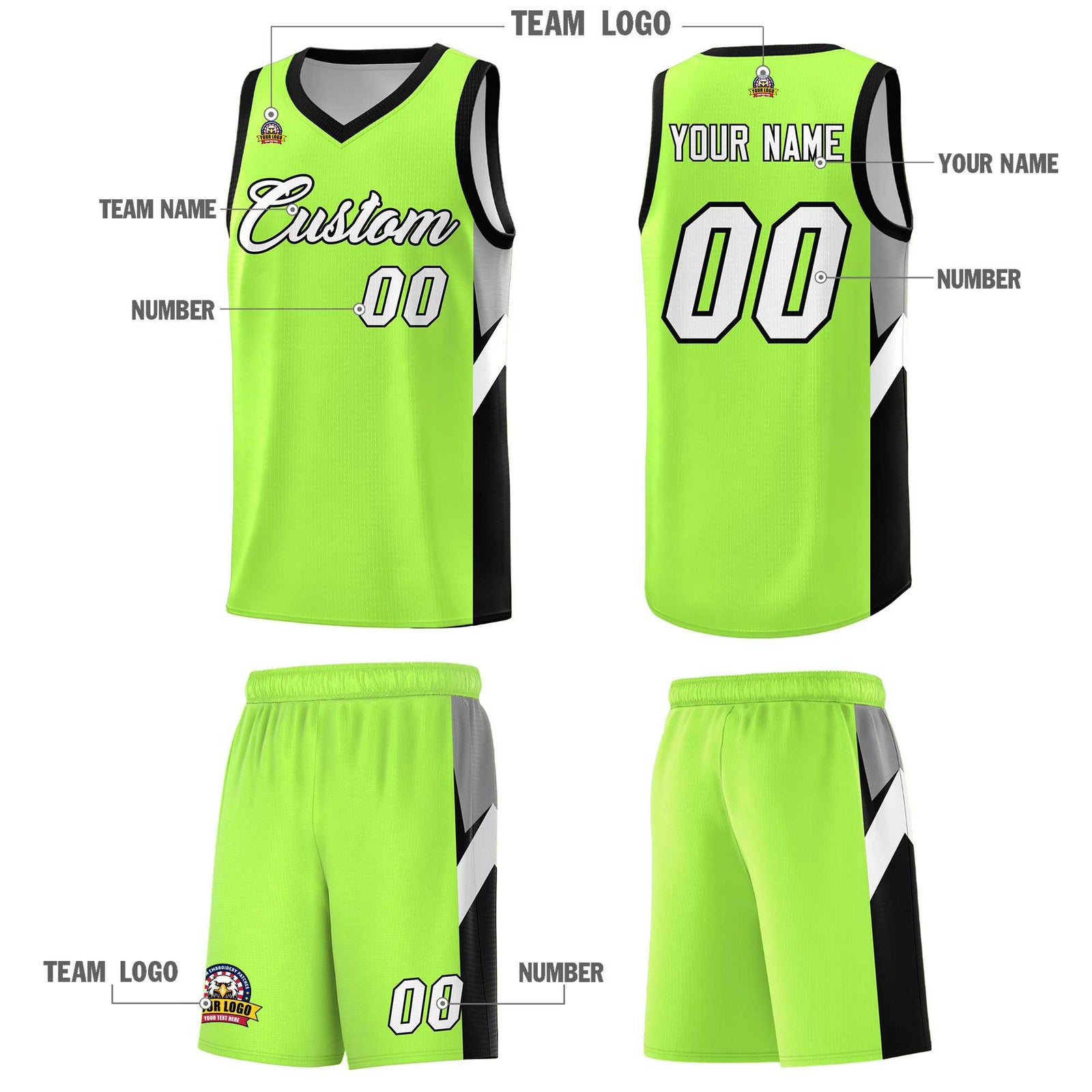 Custom Fluorescent Green Black Side Design Sets Sports Uniform Basketball Jersey