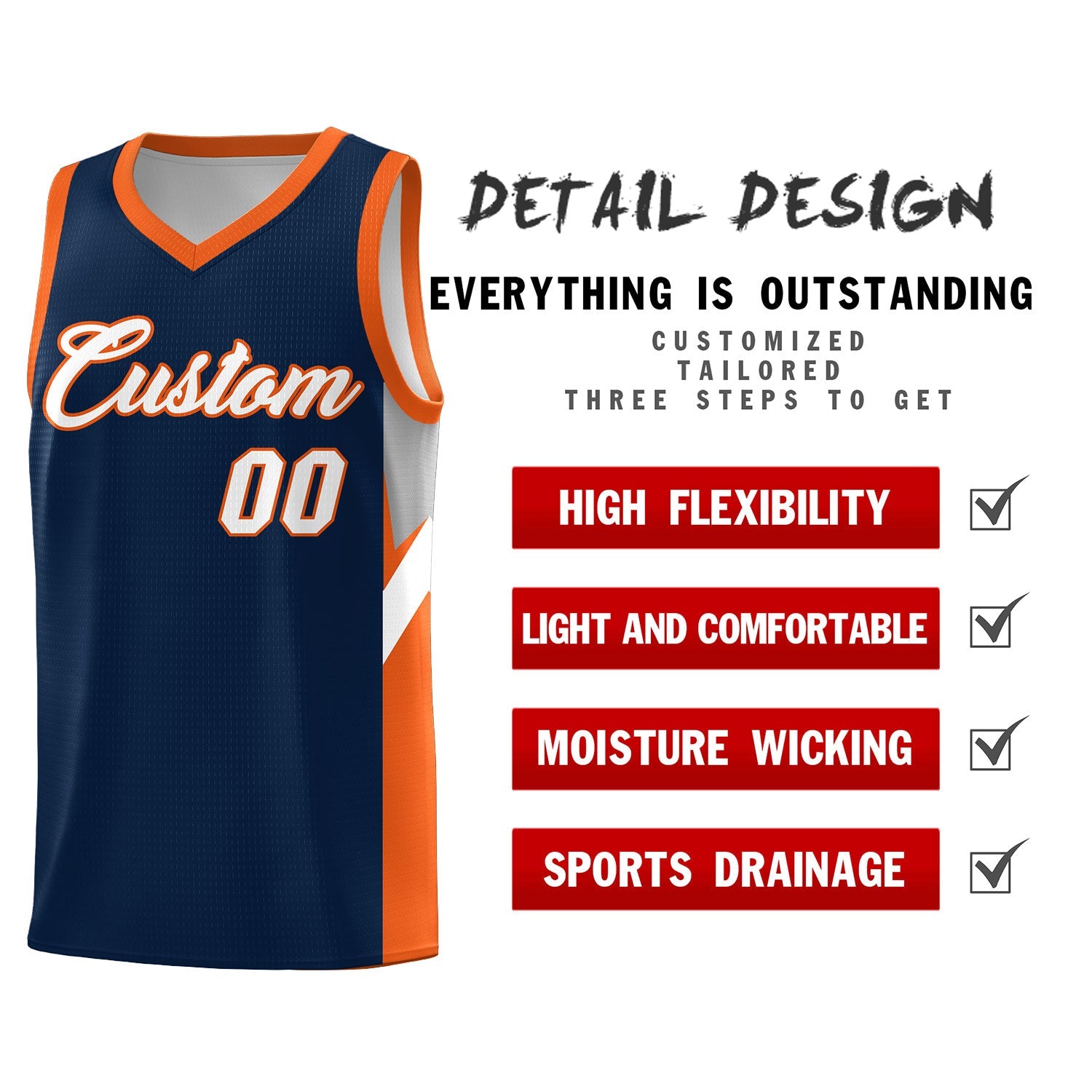 Custom Navy Orange Side Design Sets Sports Uniform Basketball Jersey