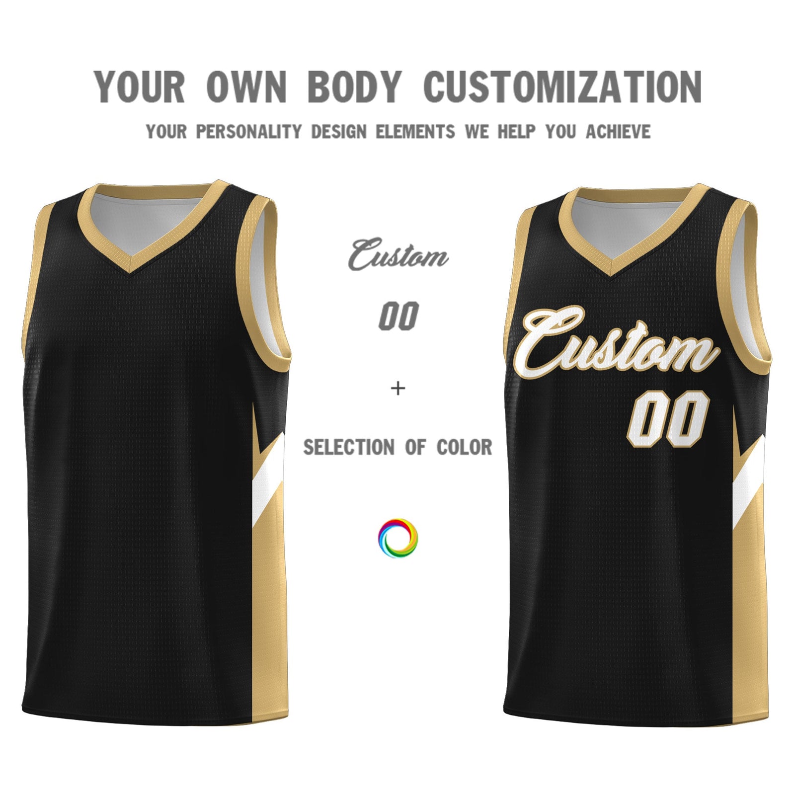 Custom Black Old Gold Side Design Sets Sports Uniform Basketball Jersey