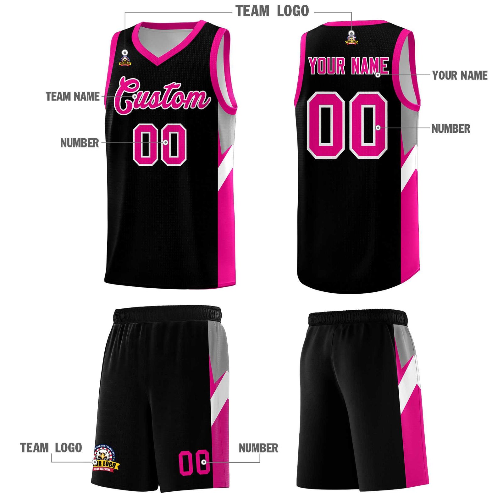 Custom Black Pink Side Design Sets Sports Uniform Basketball Jersey