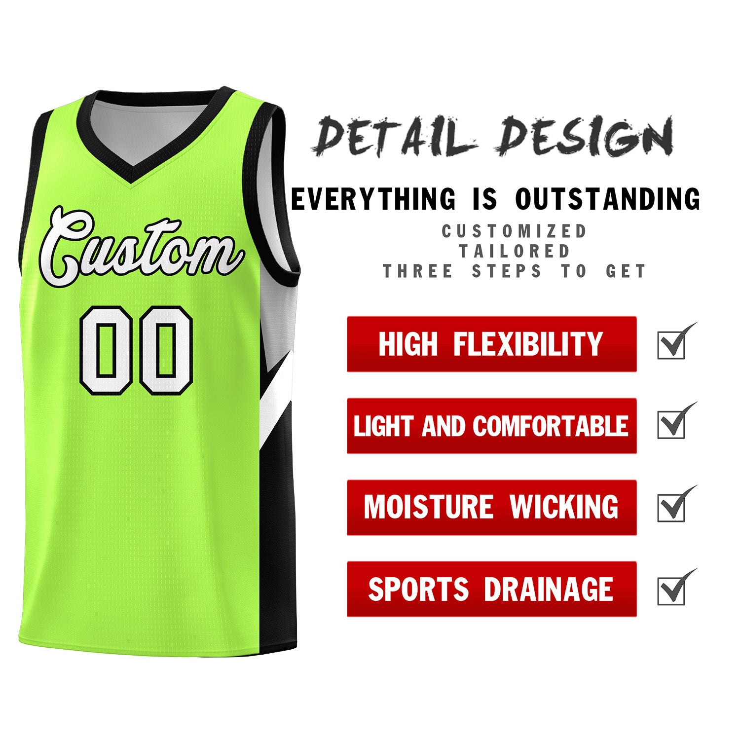 Custom Fluorescent Green Black Side Design Sets Sports Uniform Basketball Jersey