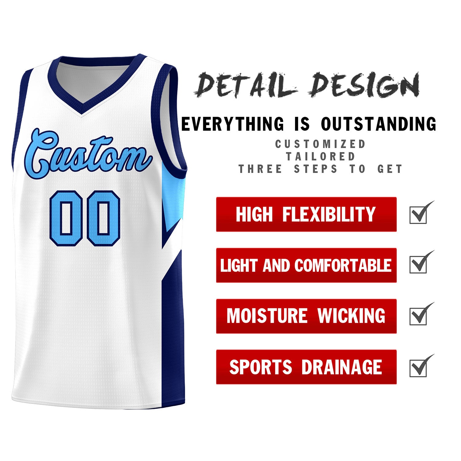 Custom White Navy Side Design Sets Sports Uniform Basketball Jersey