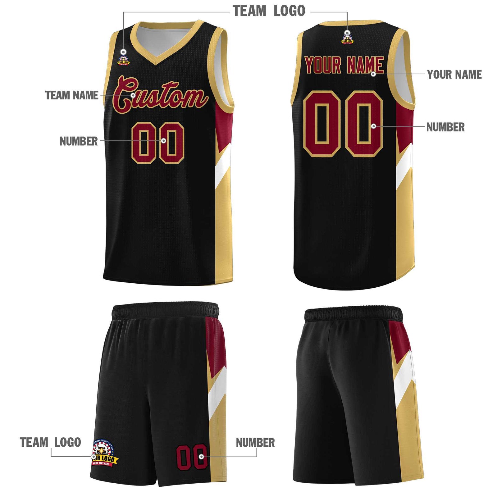 Custom Black Old Gold Side Design Sets Sports Uniform Basketball Jersey