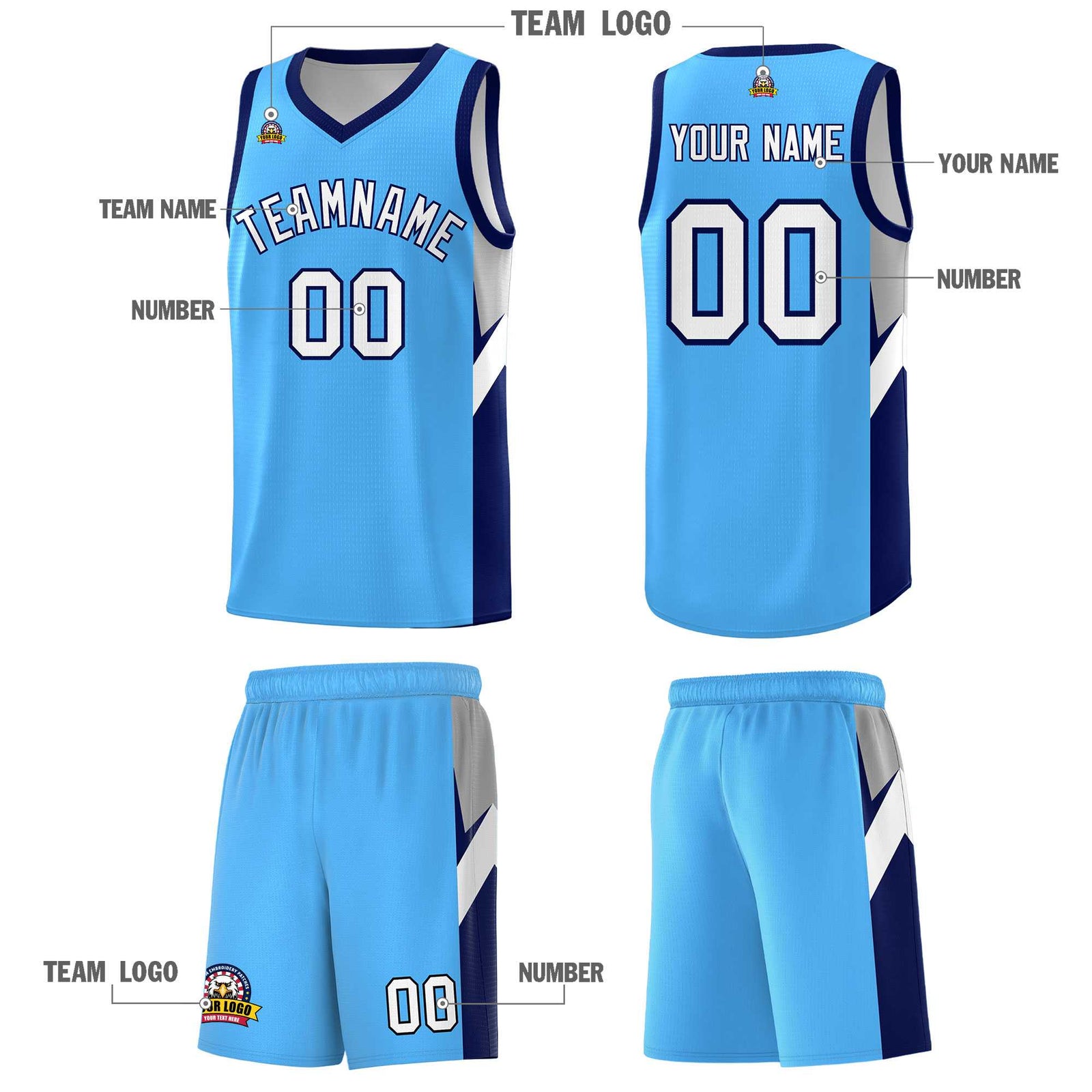 Custom Powder Blue Navy Side Design Sets Sports Uniform Basketball Jersey