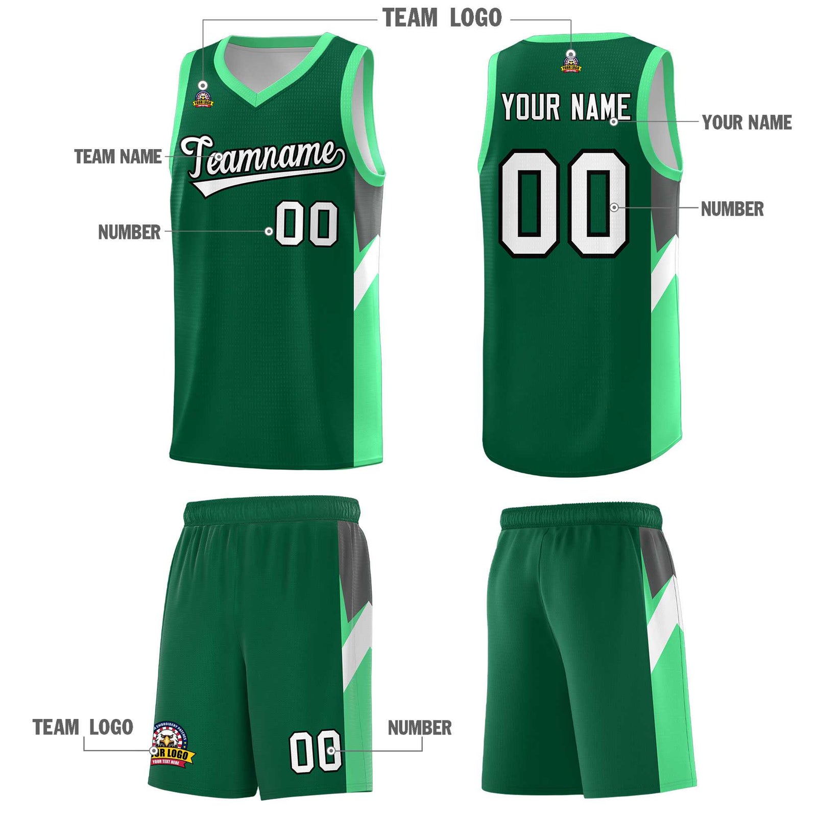 Custom Kelly Green Bright Green Side Design Sets Sports Uniform Basketball Jersey