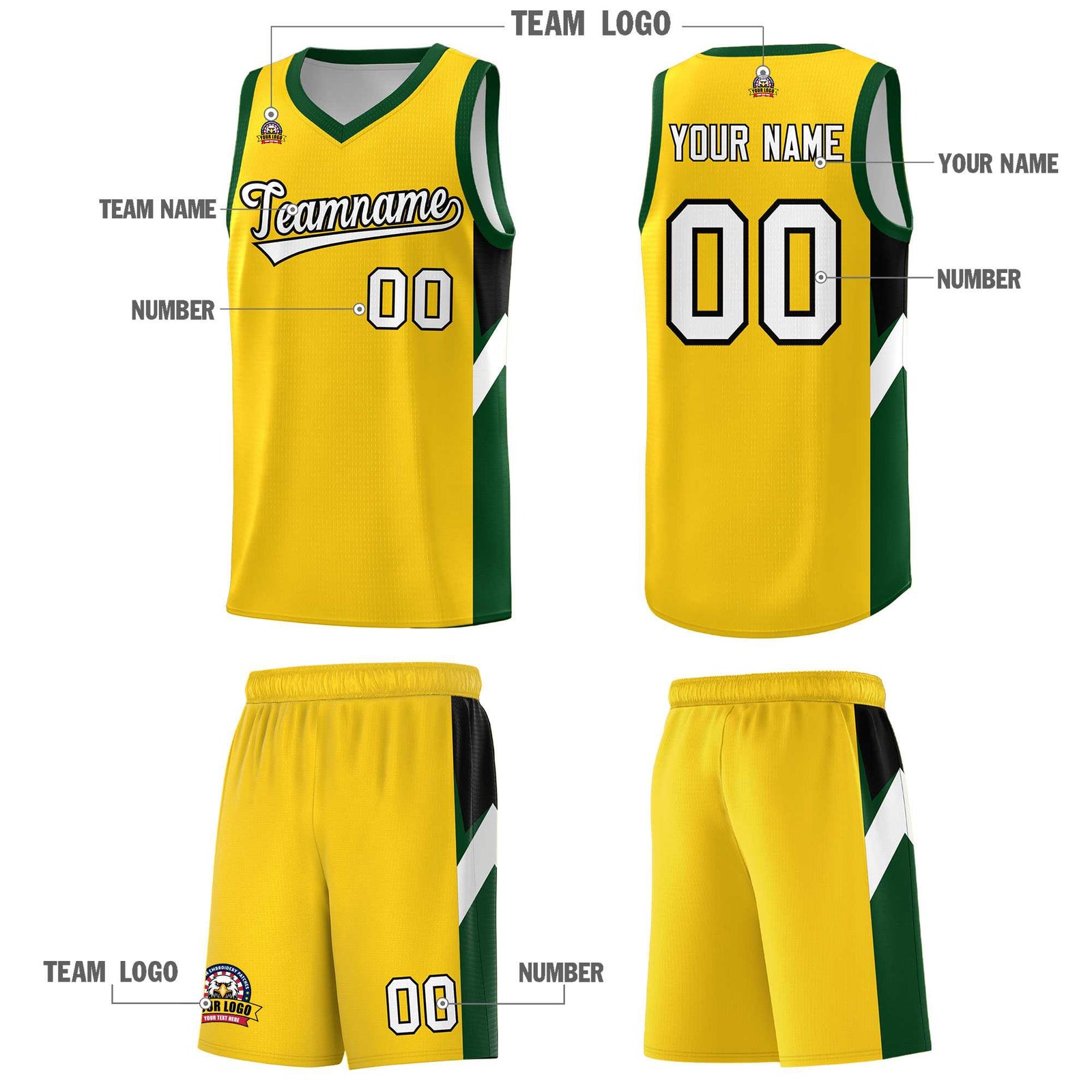 Custom Gold Hunter Green Side Design Sets Sports Uniform Basketball Jersey