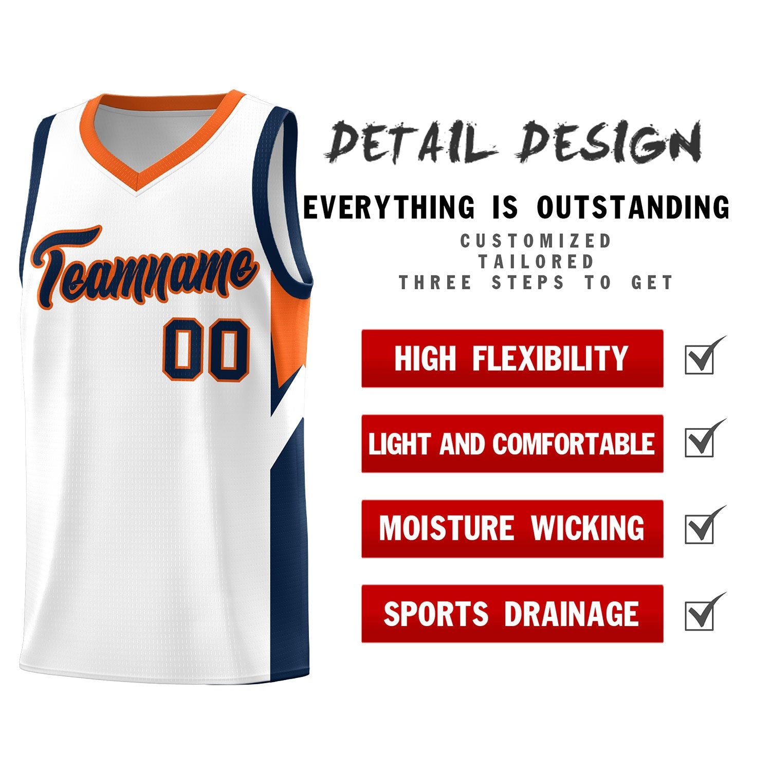 Custom White Orange Side Design Sets Sports Uniform Basketball Jersey