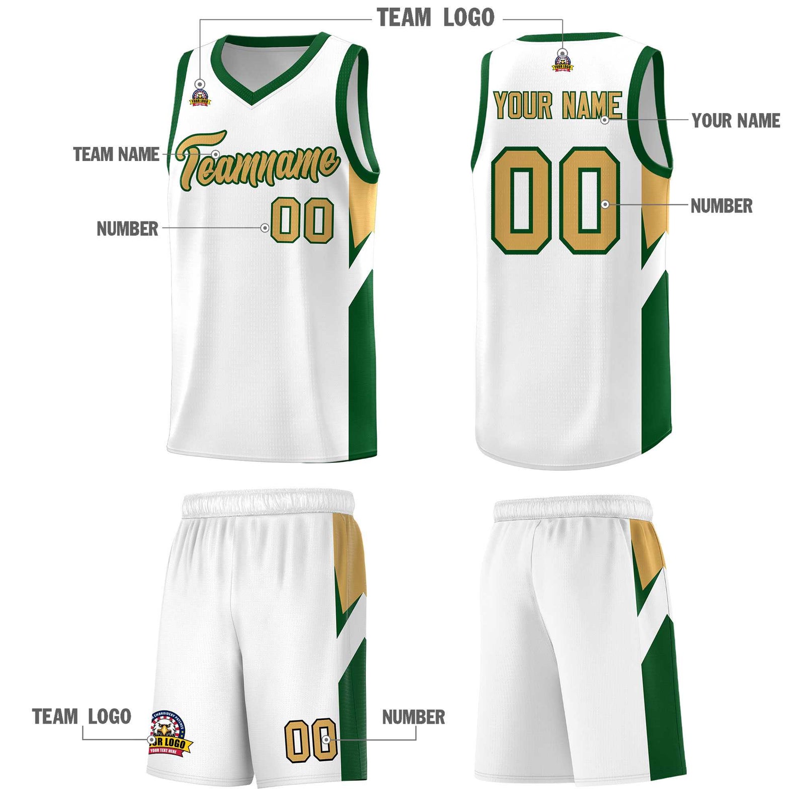 Custom White Green Side Design Sets Sports Uniform Basketball Jersey
