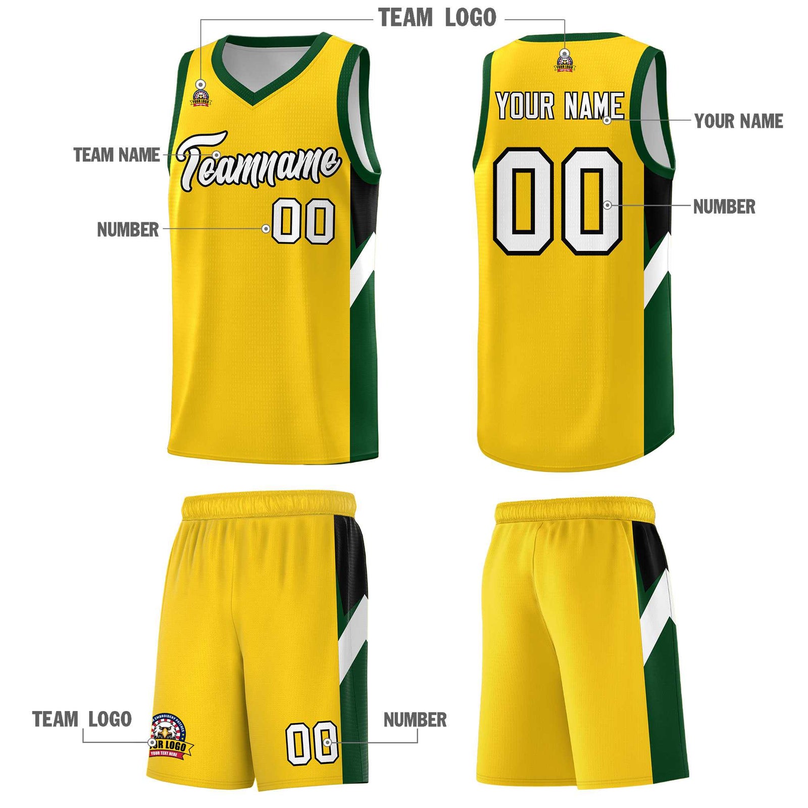 Custom Gold Hunter Green Side Design Sets Sports Uniform Basketball Jersey