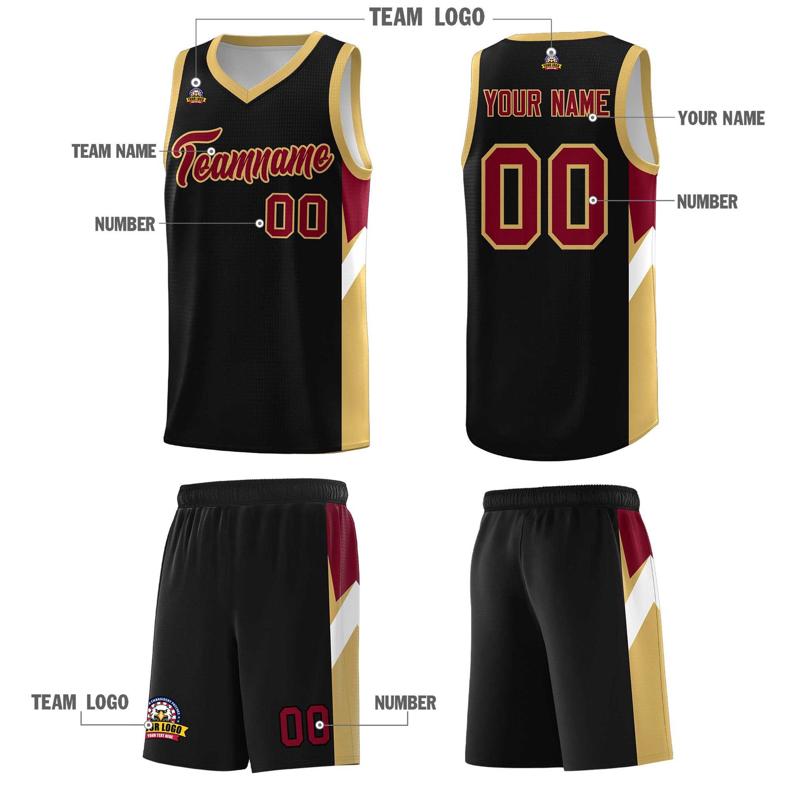 Custom Black Old Gold Side Design Sets Sports Uniform Basketball Jersey