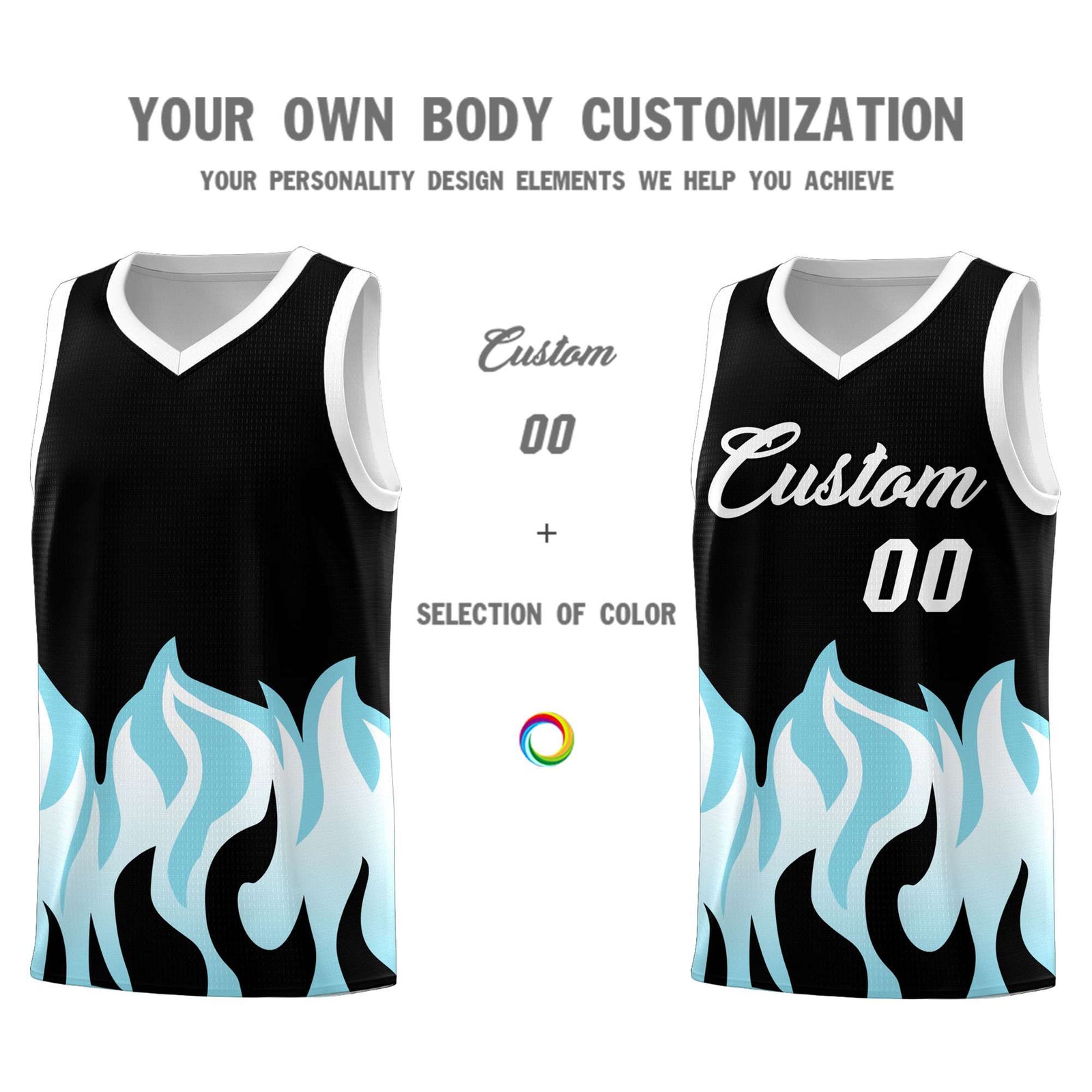 Custom Black Sky Blue Hem Flame Pattern Fashion Sports Uniform Basketball jersey