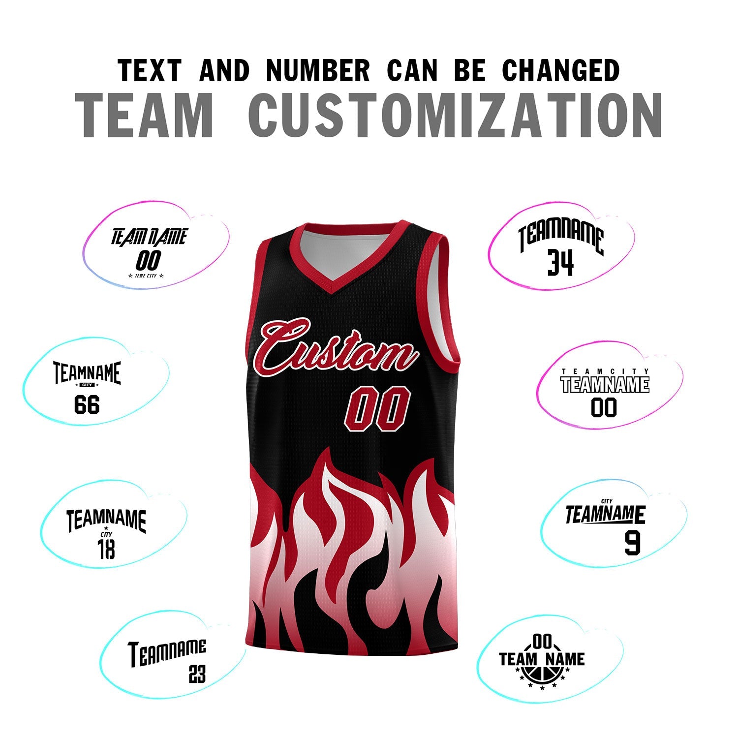 Custom Black Red Hem Flame Pattern Fashion Sports Uniform Basketball jersey