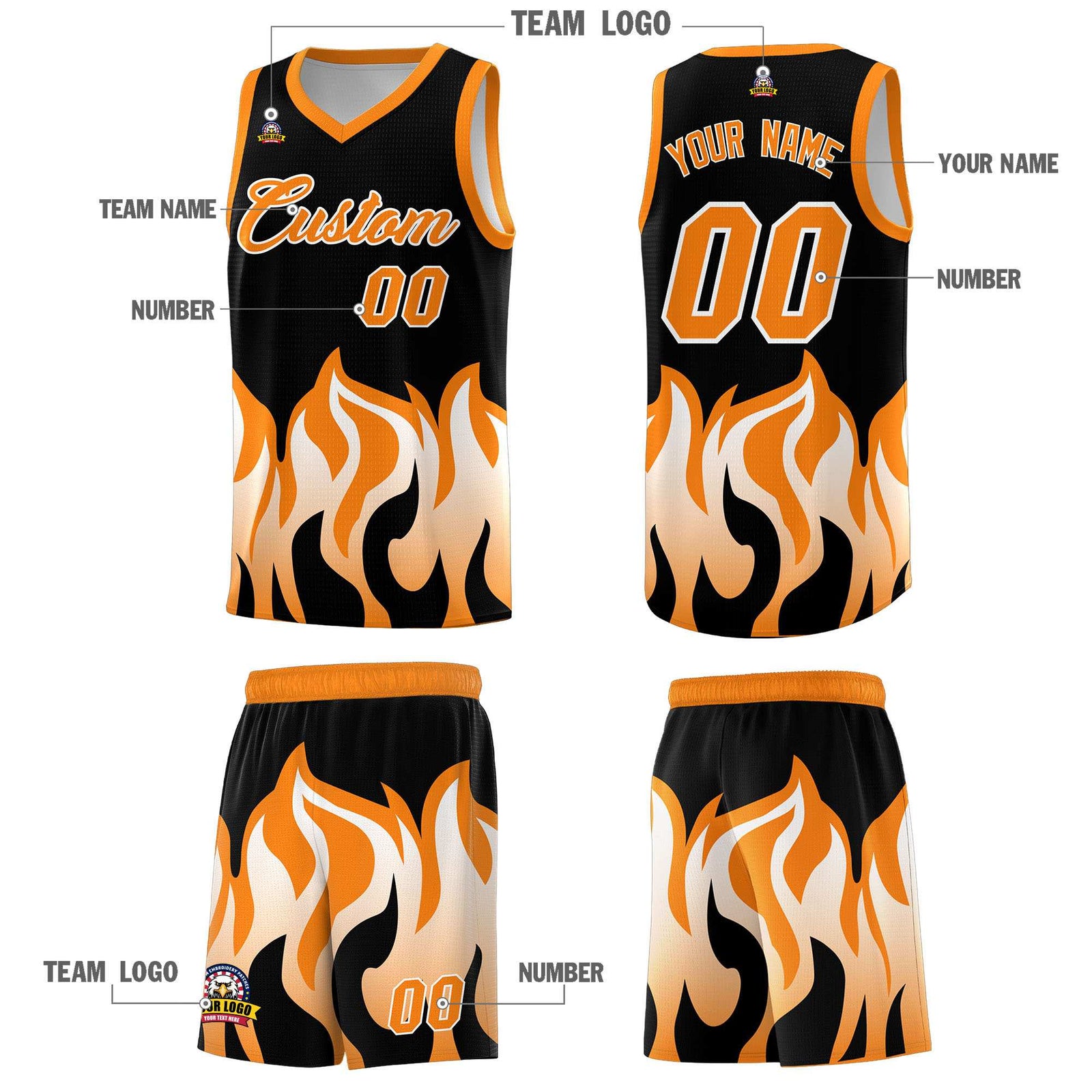 Custom Black Orange Hem Flame Pattern Fashion Sports Uniform Basketball jersey
