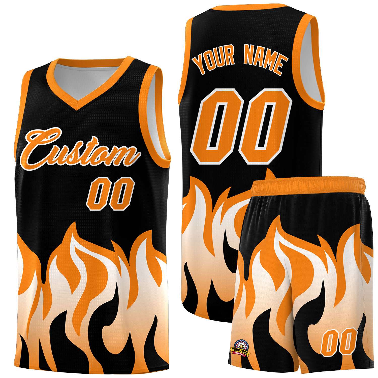 Custom Black Orange Hem Flame Pattern Fashion Sports Uniform Basketball jersey