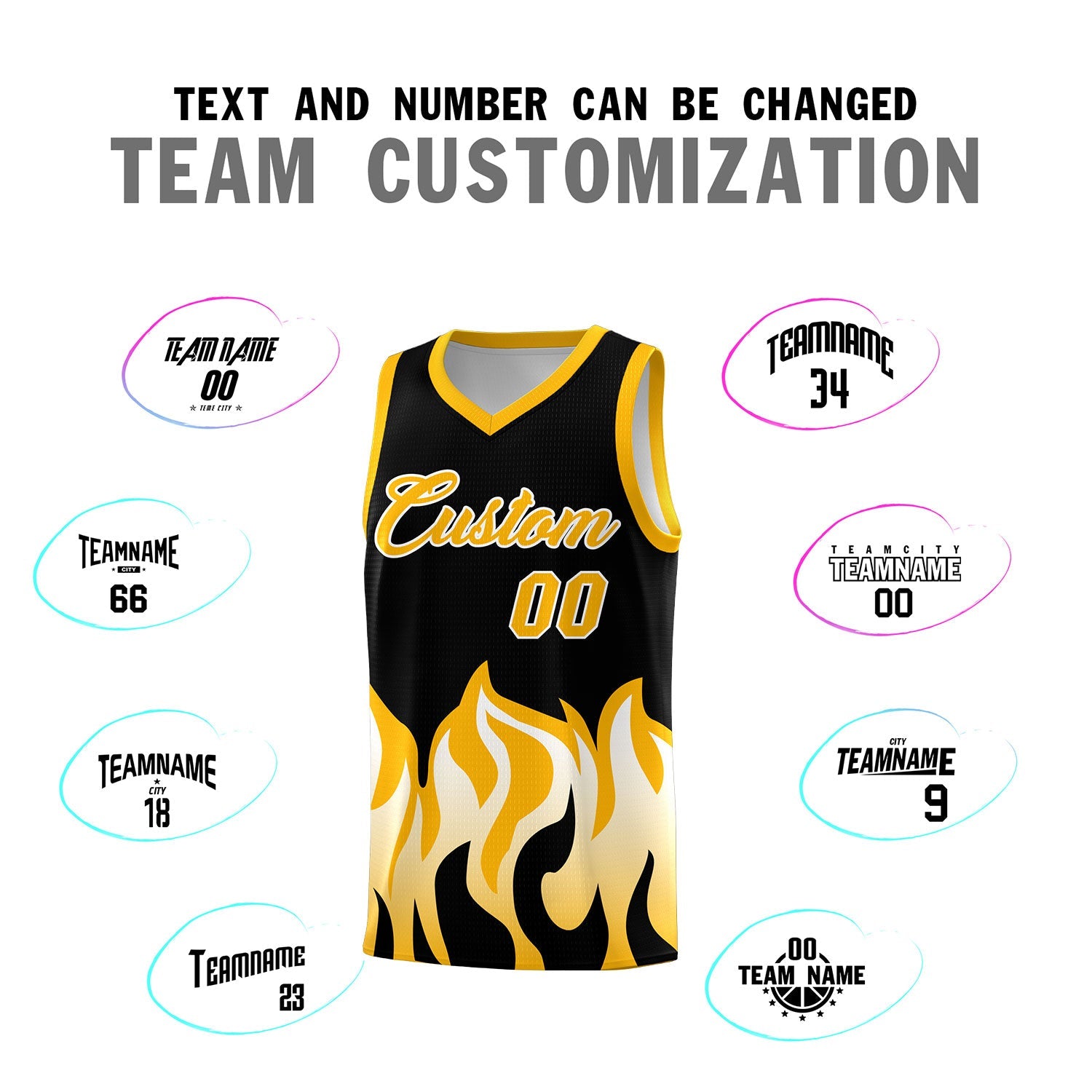 Custom Black Yellow Hem Flame Pattern Fashion Sports Uniform Basketball jersey
