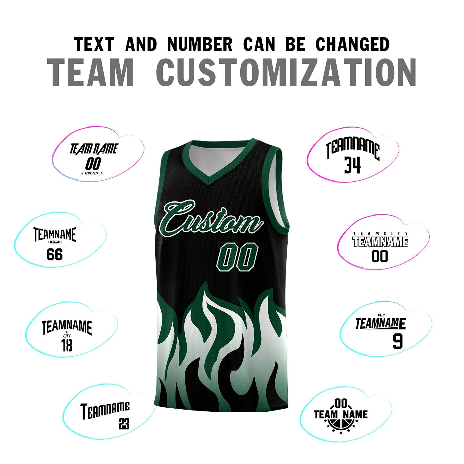 Custom Black Hunter Green Hem Flame Pattern Fashion Sports Uniform Basketball jersey