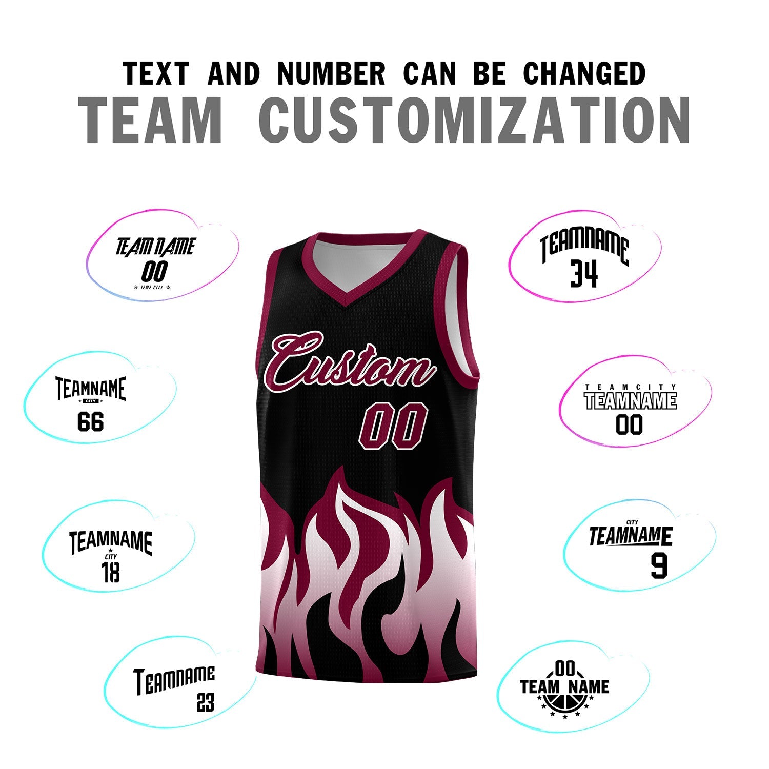 Custom Black Crimson Hem Flame Pattern Fashion Sports Uniform Basketball jersey