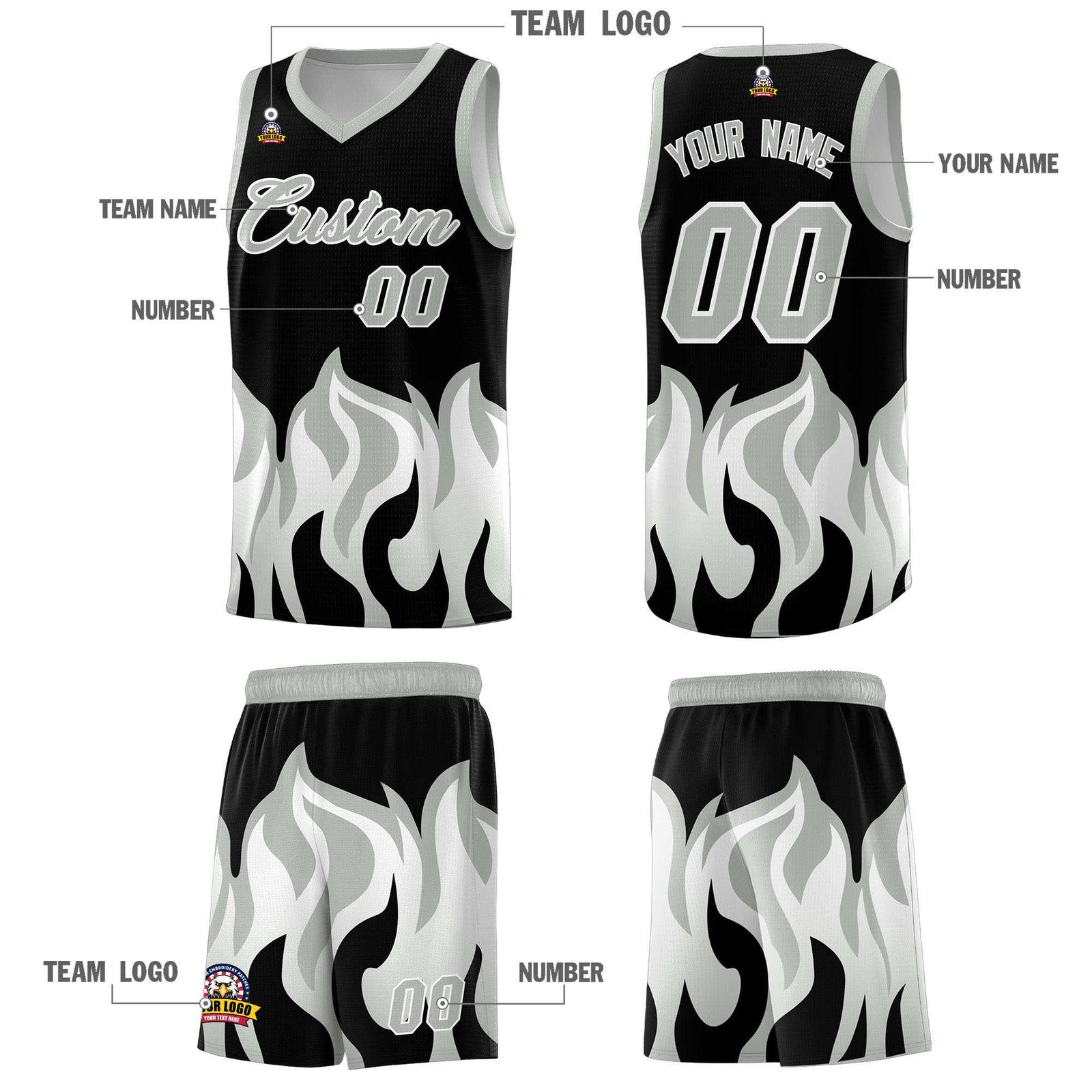 Custom Black Gray Hem Flame Pattern Fashion Sports Uniform Basketball jersey
