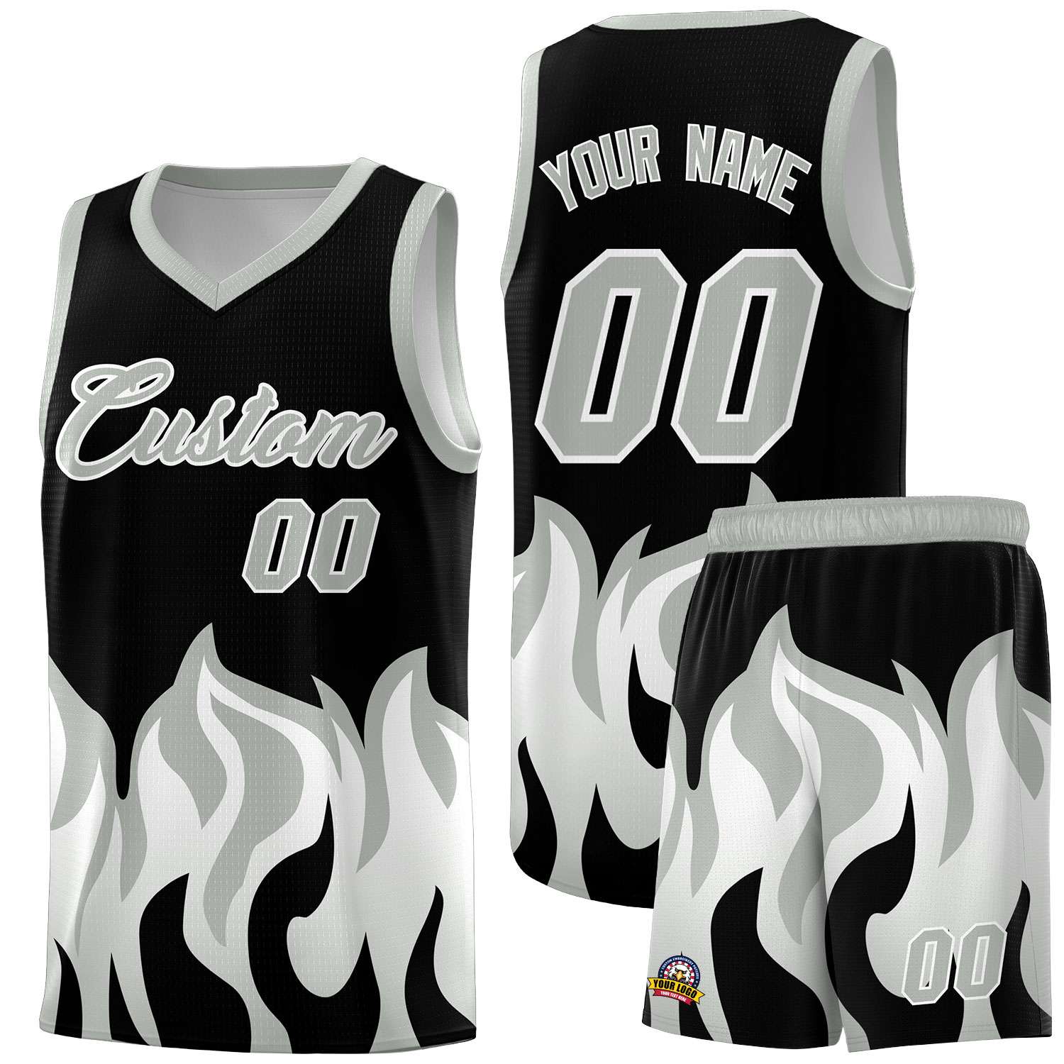 Custom Black Gray Hem Flame Pattern Fashion Sports Uniform Basketball jersey
