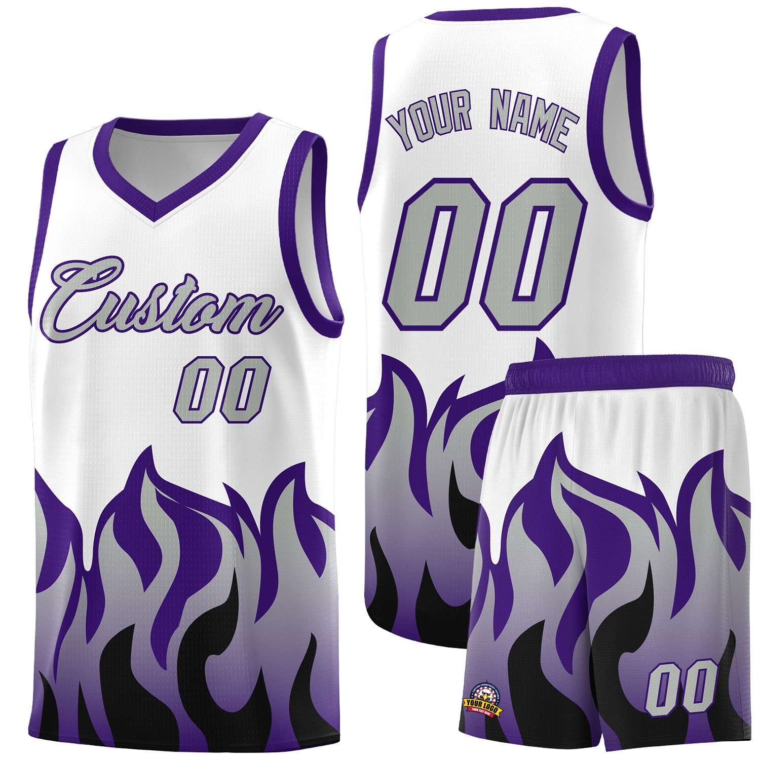 Custom White Purple Hem Flame Pattern Fashion Sports Uniform Basketball jersey