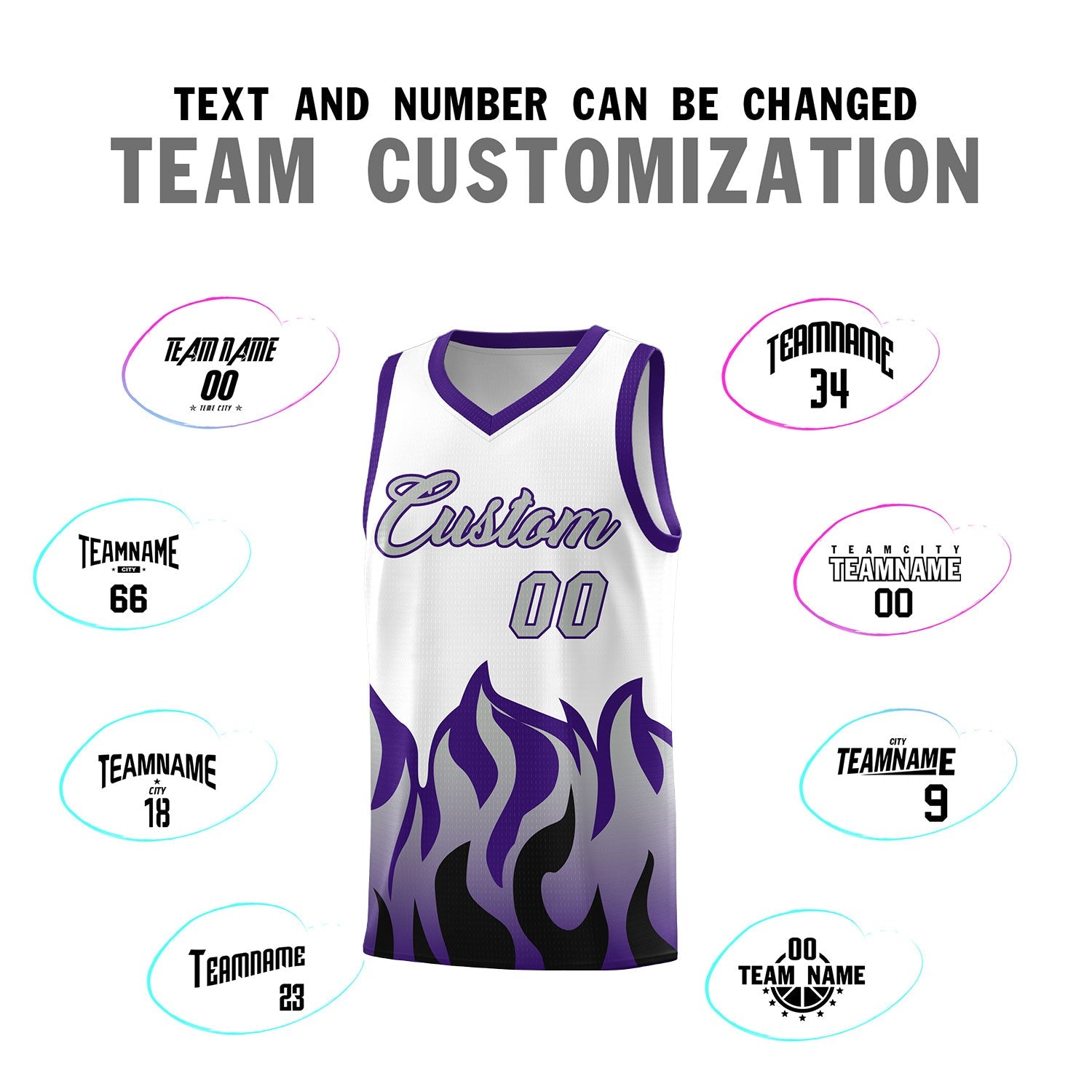 Custom White Purple Hem Flame Pattern Fashion Sports Uniform Basketball jersey