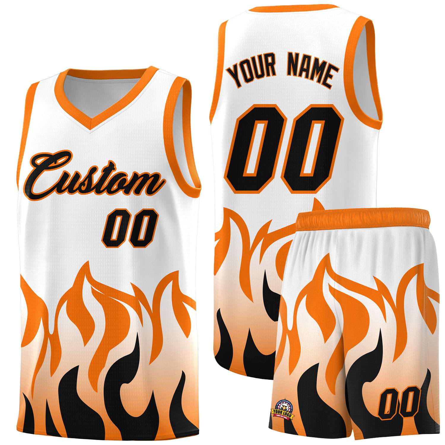 Custom White Orange Hem Flame Pattern Fashion Sports Uniform Basketball jersey