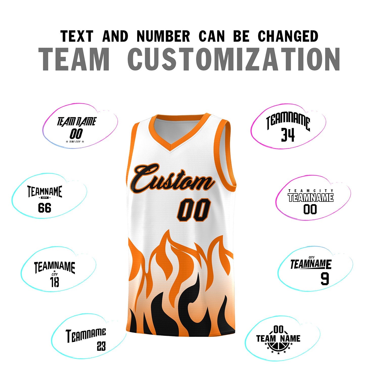Custom White Orange Hem Flame Pattern Fashion Sports Uniform Basketball jersey