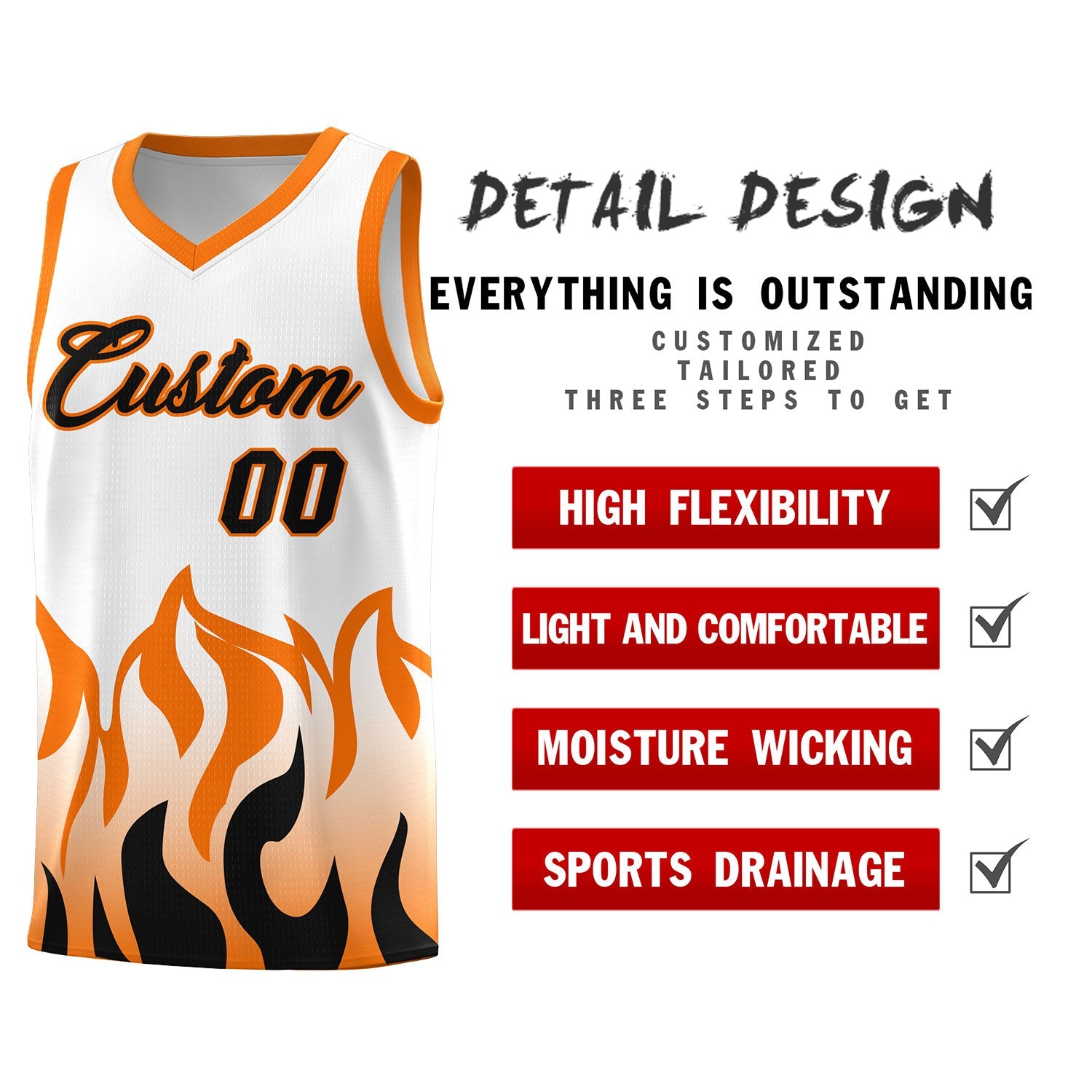 Custom White Orange Hem Flame Pattern Fashion Sports Uniform Basketball jersey