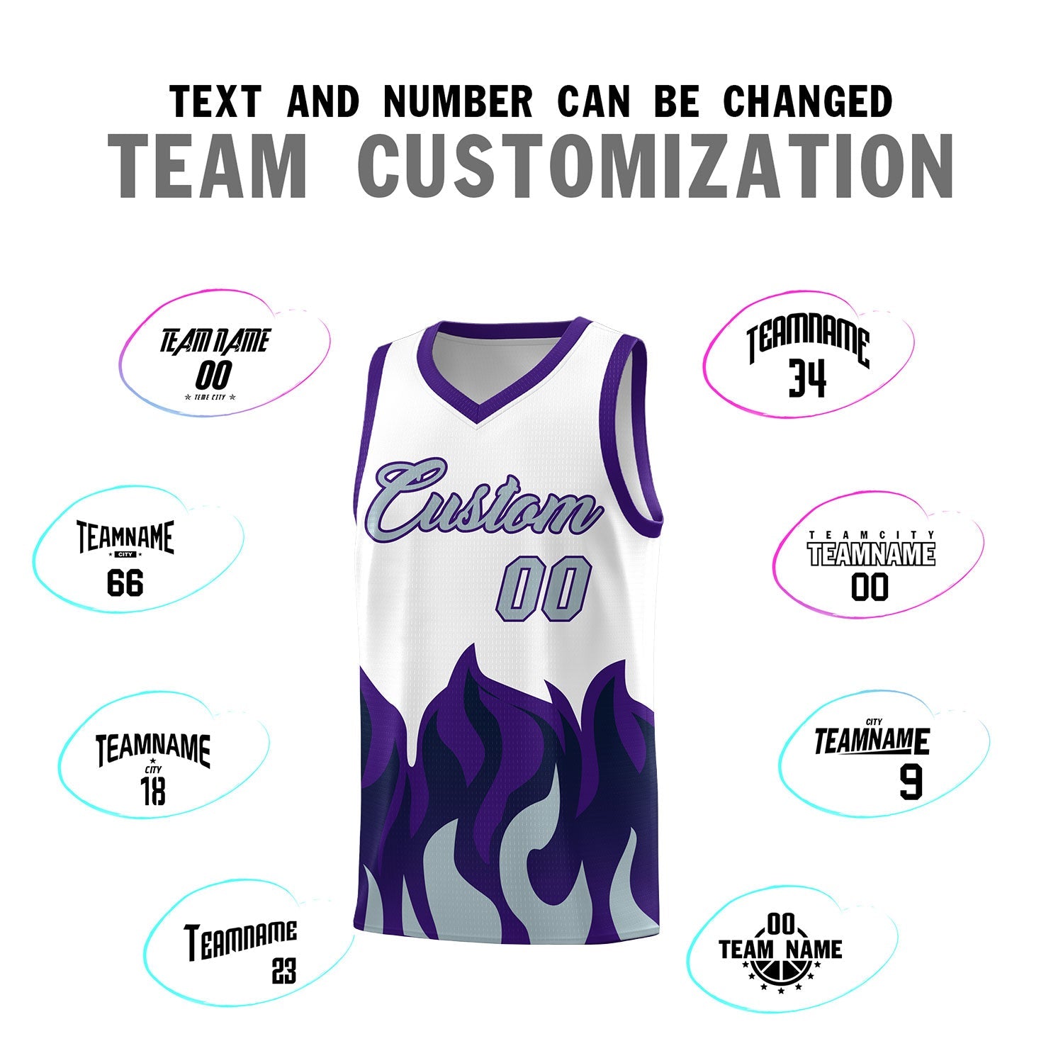 Custom White Purple Hem Flame Pattern Fashion Sports Uniform Basketball jersey