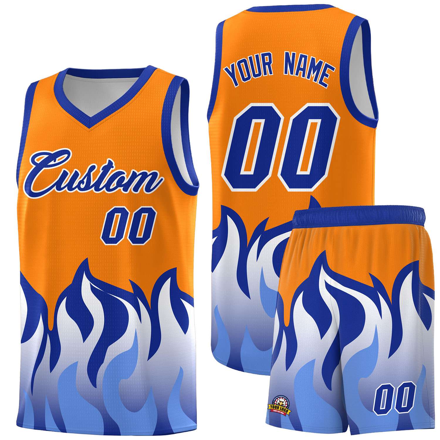 Custom Orange Royal Hem Flame Pattern Fashion Sports Uniform Basketball jersey