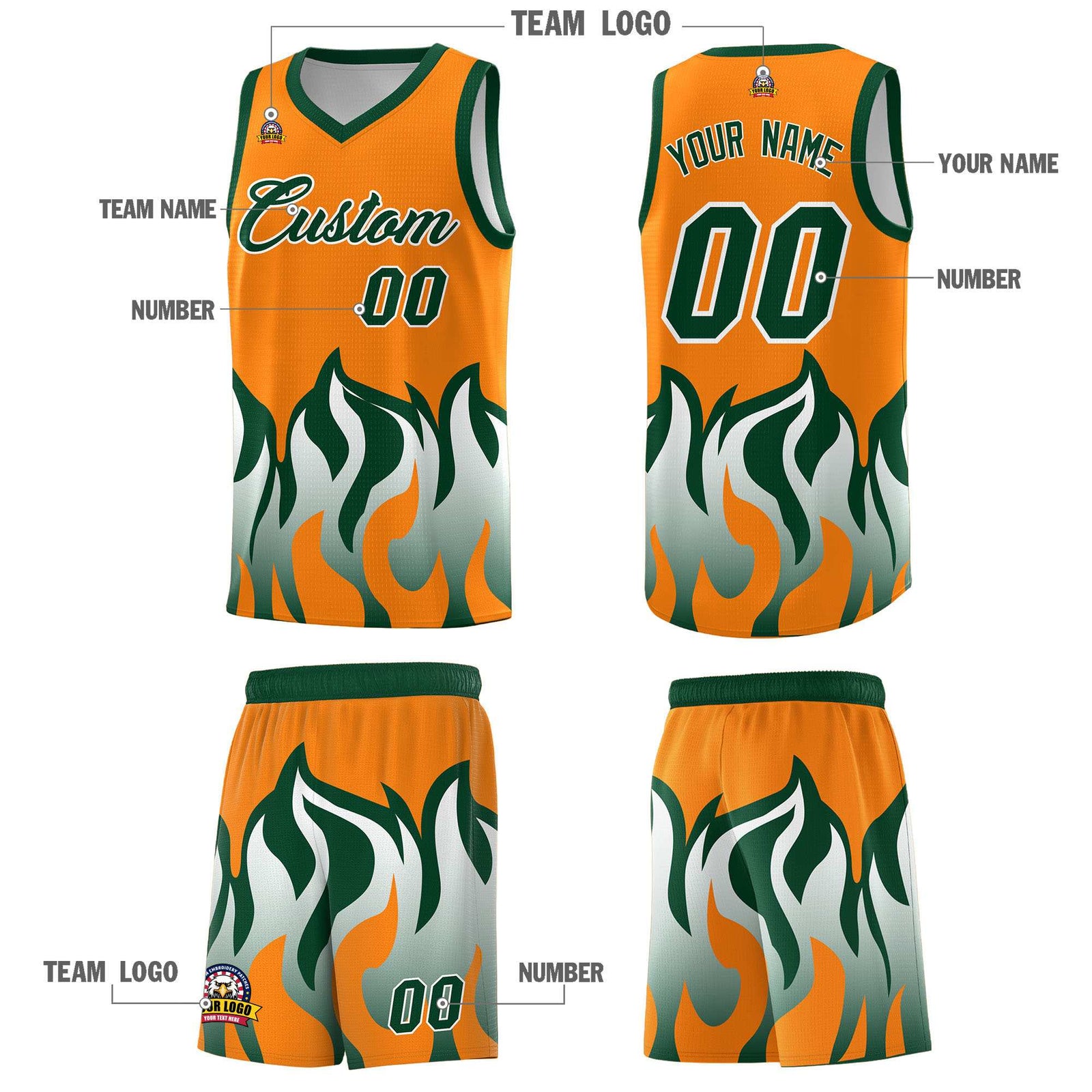 Custom Orange Hunter Green Hem Flame Pattern Fashion Sports Uniform Basketball jersey
