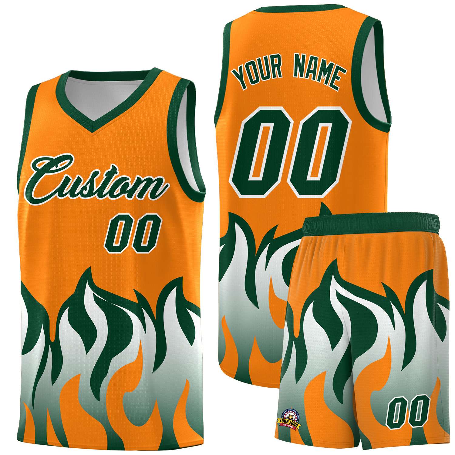 Custom Orange Hunter Green Hem Flame Pattern Fashion Sports Uniform Basketball jersey