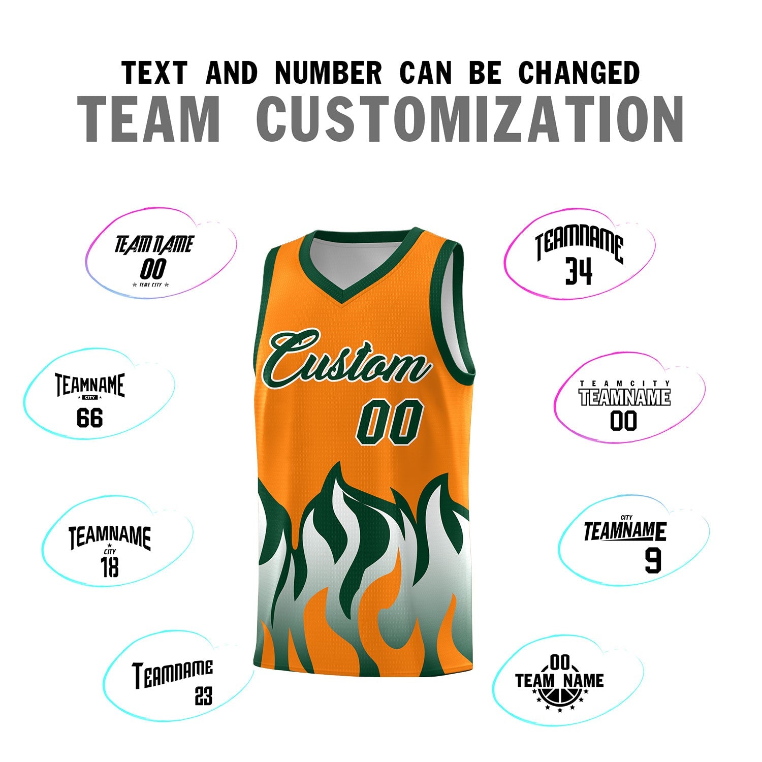 Custom Orange Hunter Green Hem Flame Pattern Fashion Sports Uniform Basketball jersey