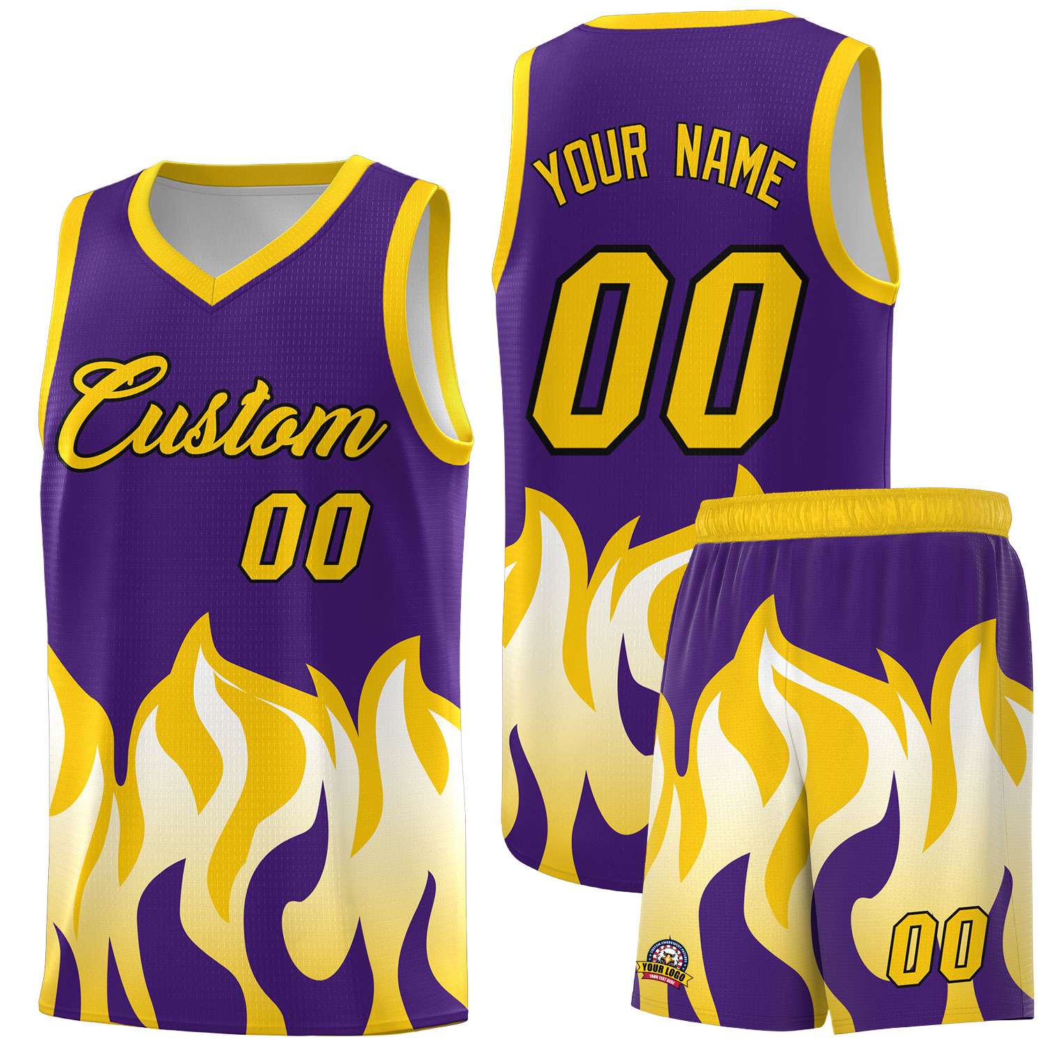 Custom Purple Gold Hem Flame Pattern Fashion Sports Uniform Basketball jersey