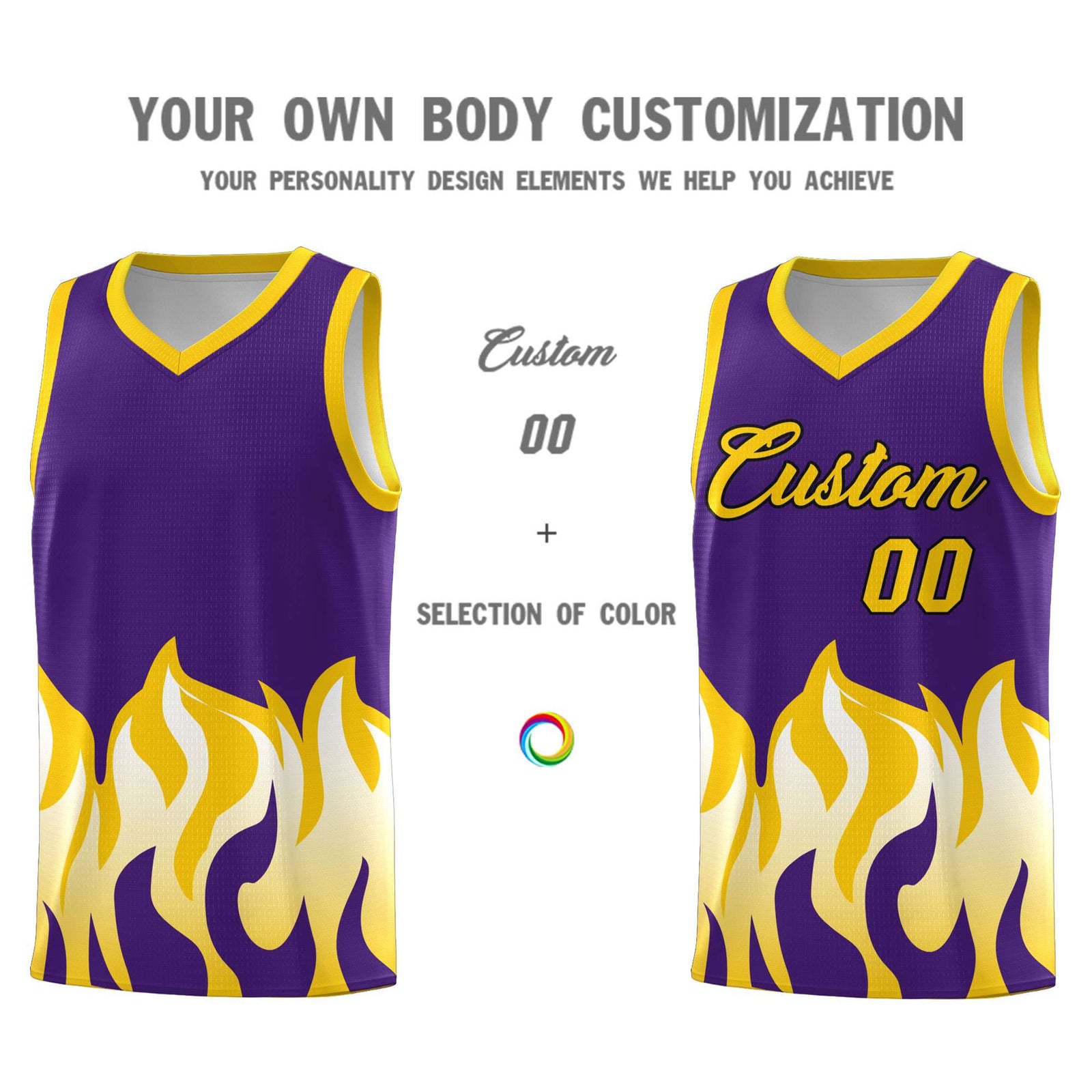 Custom Purple Gold Hem Flame Pattern Fashion Sports Uniform Basketball jersey