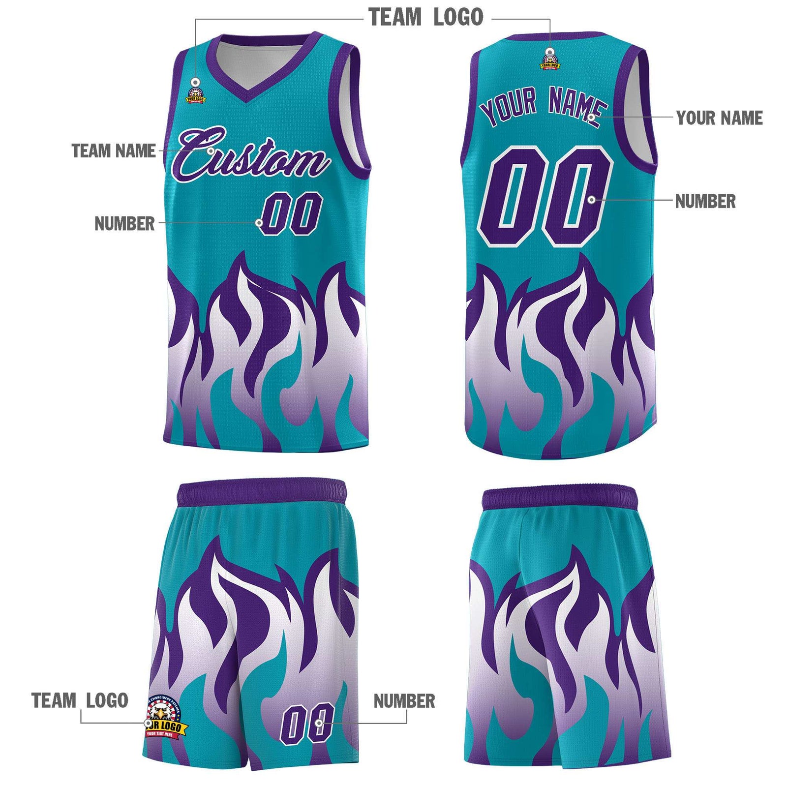 Custom Aqua Purple Hem Flame Pattern Fashion Sports Uniform Basketball jersey