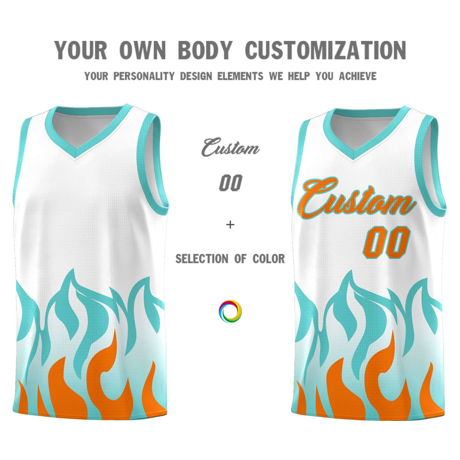 Custom White Orange Hem Flame Pattern Fashion Sports Uniform Basketball jersey
