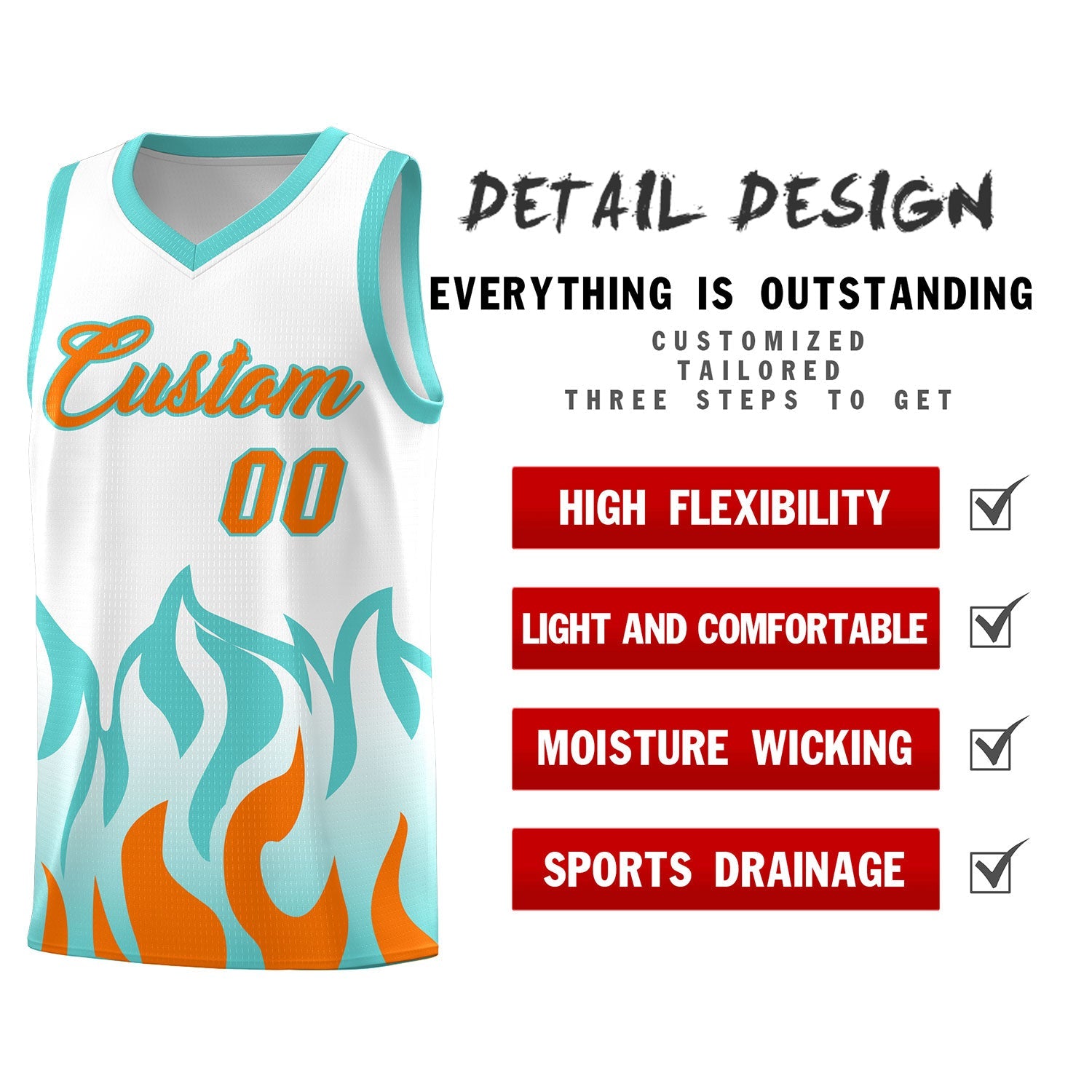Custom White Orange Hem Flame Pattern Fashion Sports Uniform Basketball jersey