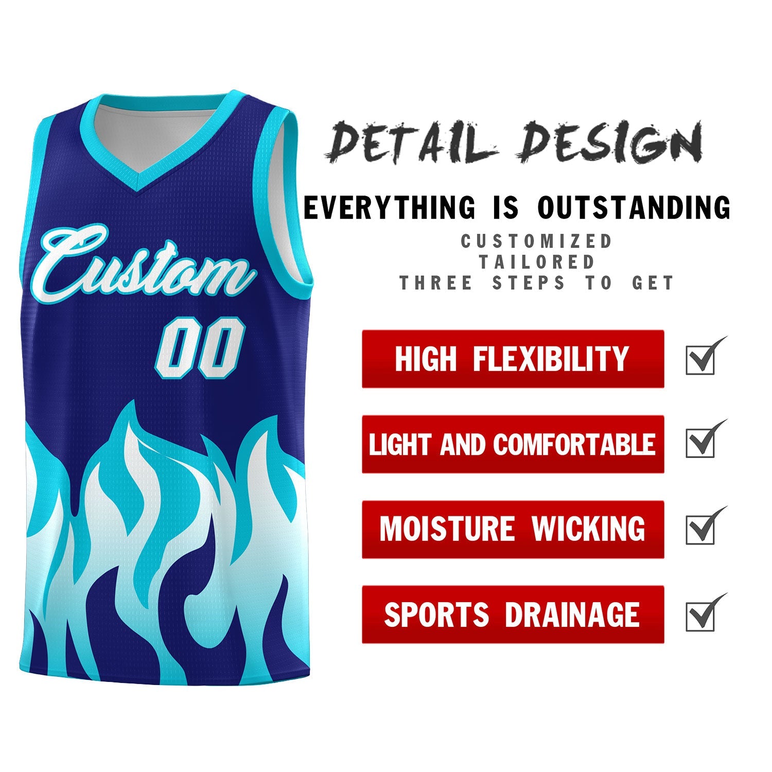 Custom Royal Sky Blue Hem Flame Pattern Fashion Sports Uniform Basketball jersey