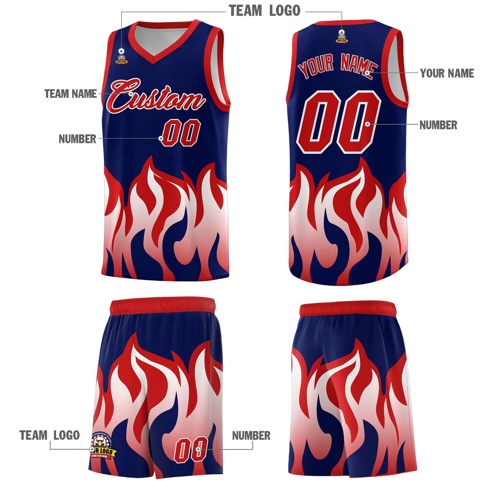 Custom Navy Red Hem Flame Pattern Fashion Sports Uniform Basketball jersey