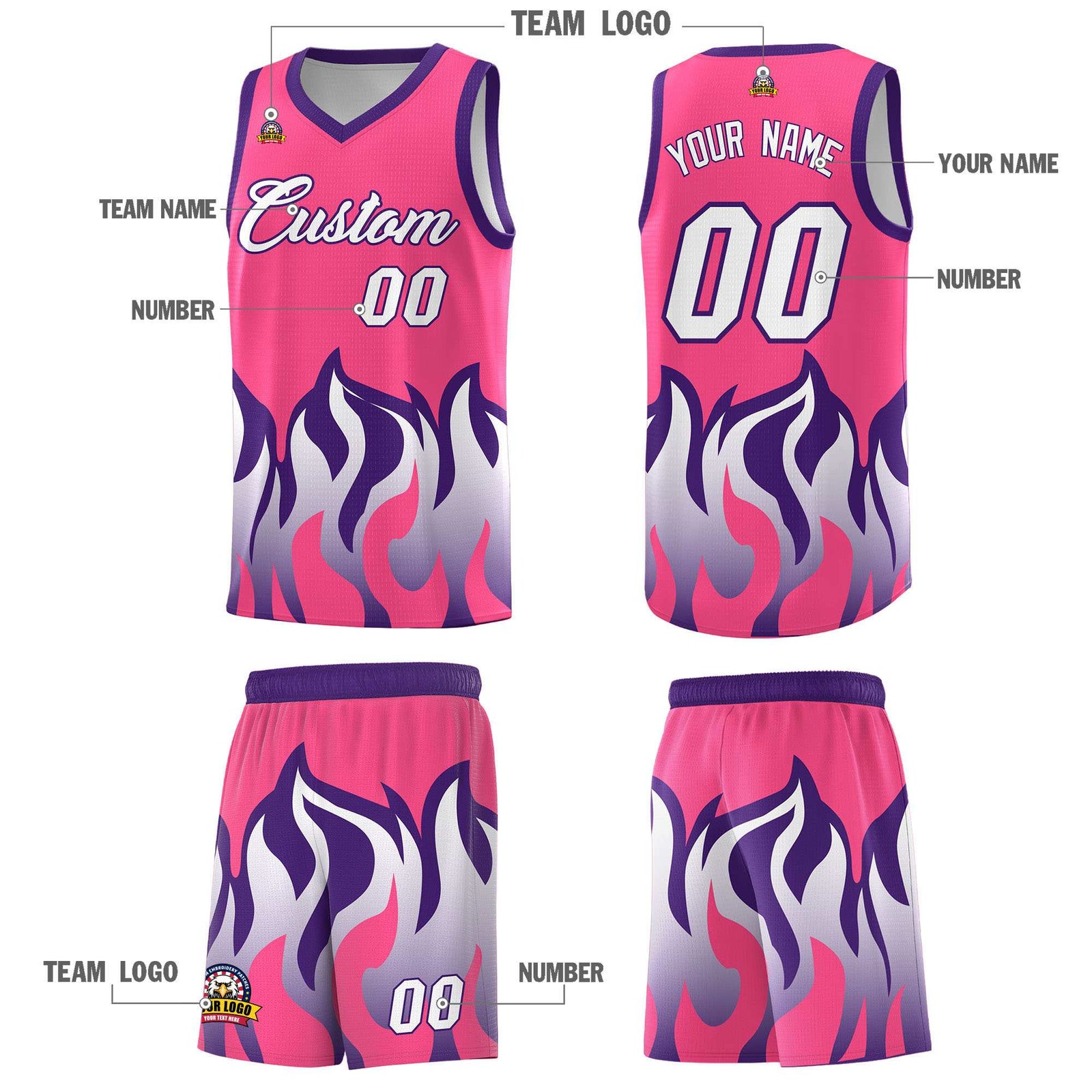 Custom Pink Purple Hem Flame Pattern Fashion Sports Uniform Basketball jersey