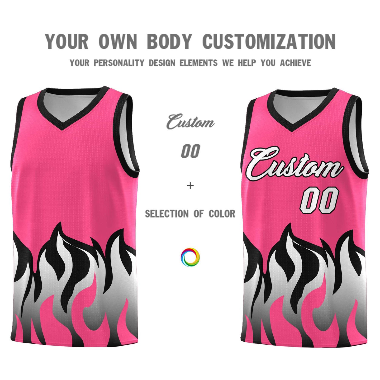 Custom Pink Black Hem Flame Pattern Fashion Sports Uniform Basketball jersey