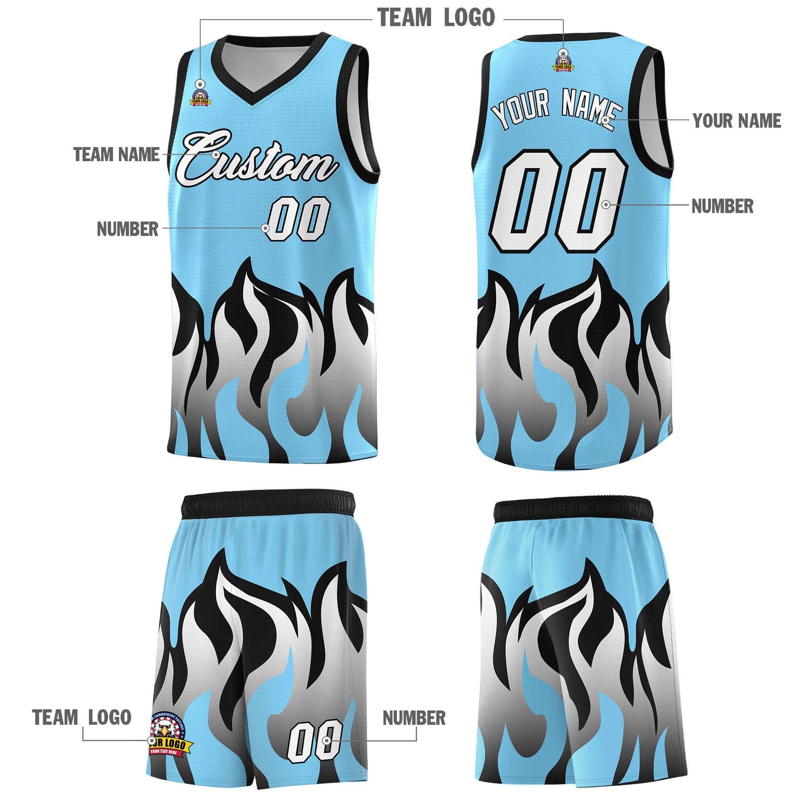 Custom Light Blue Black Hem Flame Pattern Fashion Sports Uniform Basketball jersey