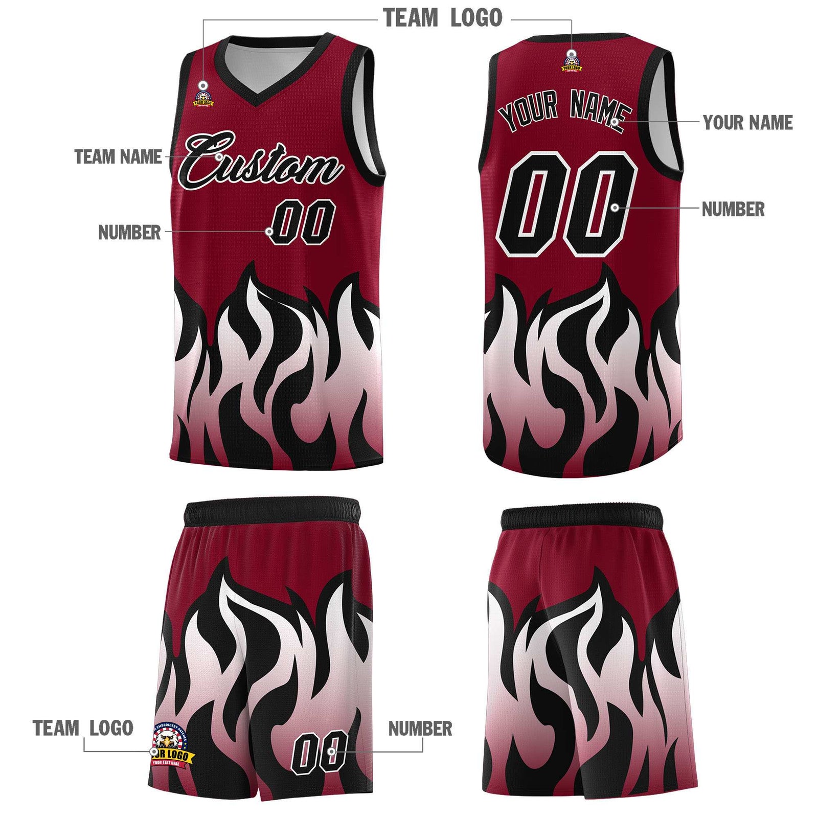 Custom Crimson Black Hem Flame Pattern Fashion Sports Uniform Basketball jersey