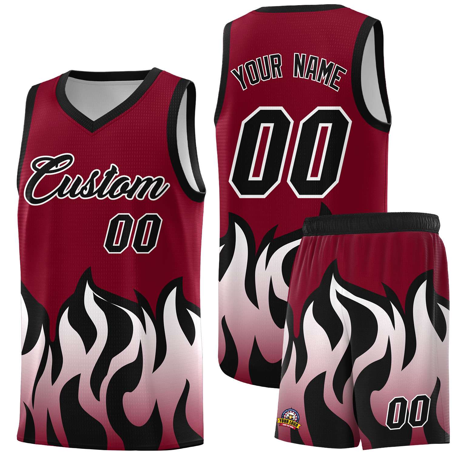 Custom Crimson Black Hem Flame Pattern Fashion Sports Uniform Basketball jersey