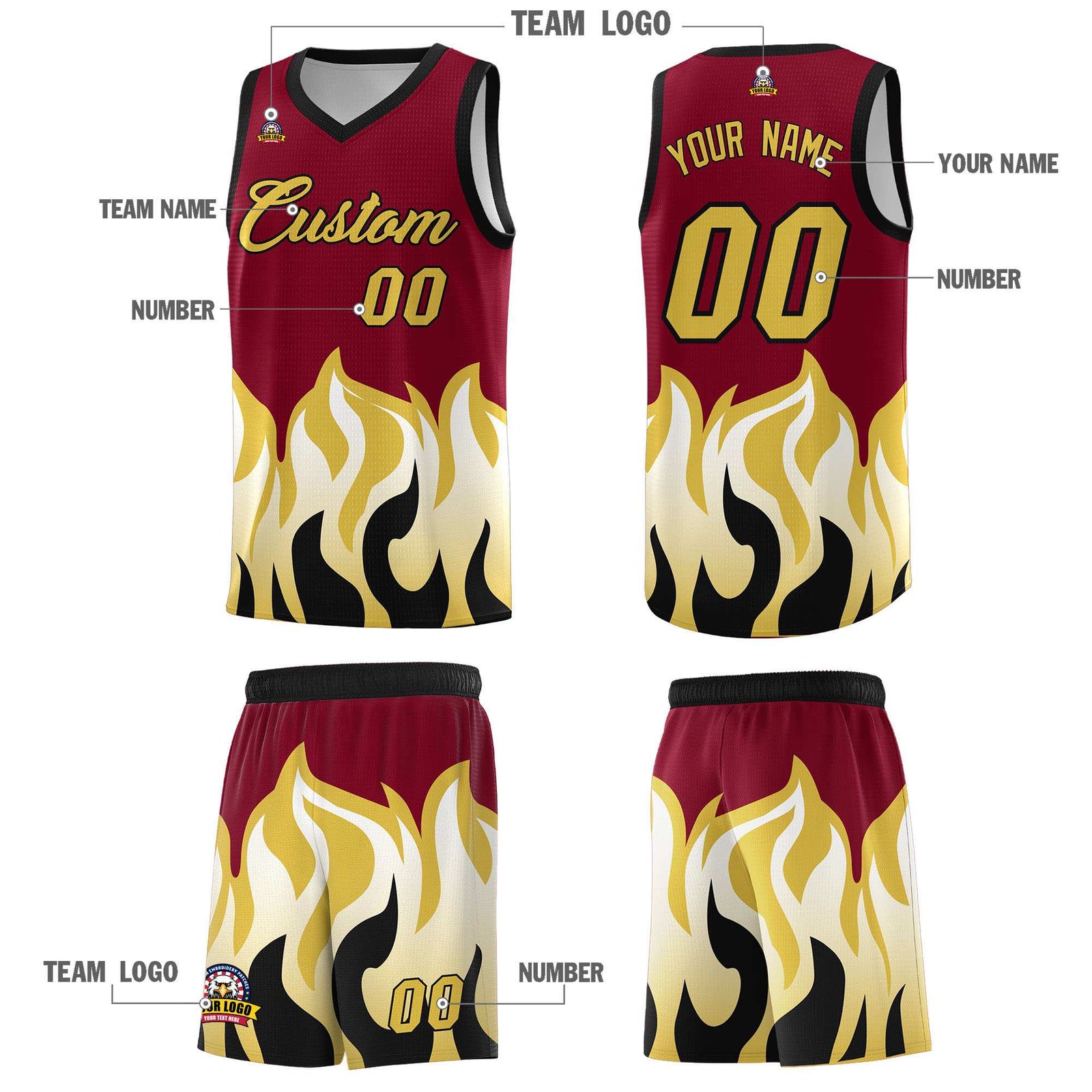 Custom Crimson Old Gold Hem Flame Pattern Fashion Sports Uniform Basketball jersey