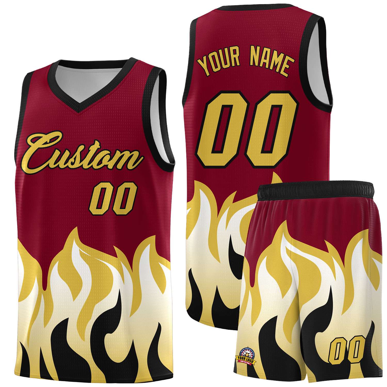 Custom Crimson Old Gold Hem Flame Pattern Fashion Sports Uniform Basketball jersey