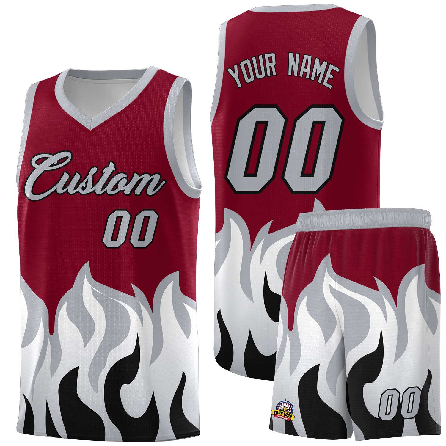 Custom Crimson Gray Hem Flame Pattern Fashion Sports Uniform Basketball jersey