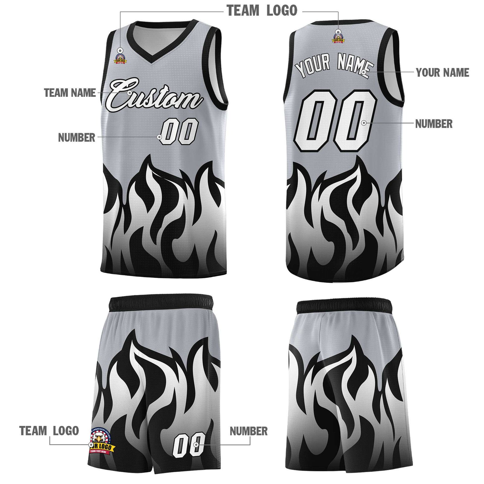 Custom Gray Black Hem Flame Pattern Fashion Sports Uniform Basketball jersey