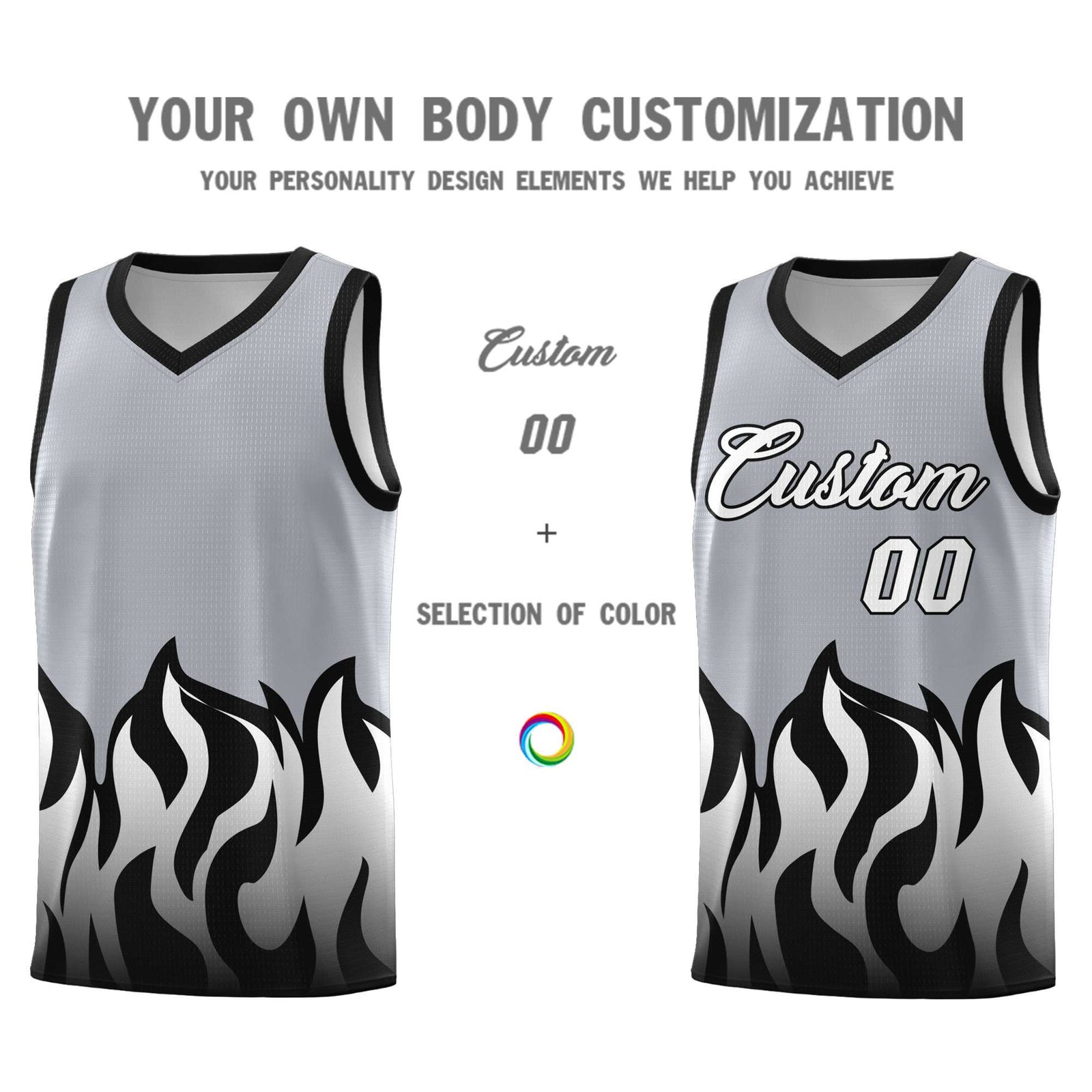 Custom Gray Black Hem Flame Pattern Fashion Sports Uniform Basketball jersey